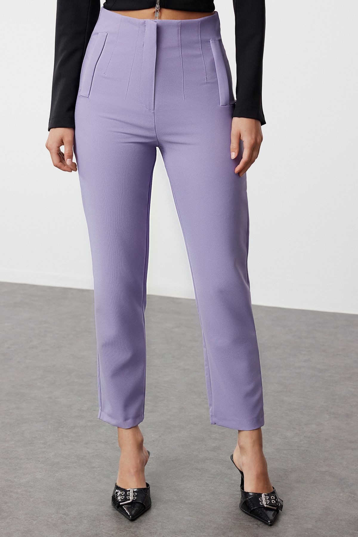 Trendyol Lilac Cigarette Pattern Dart High Waist Ankle Length Woven Trousers