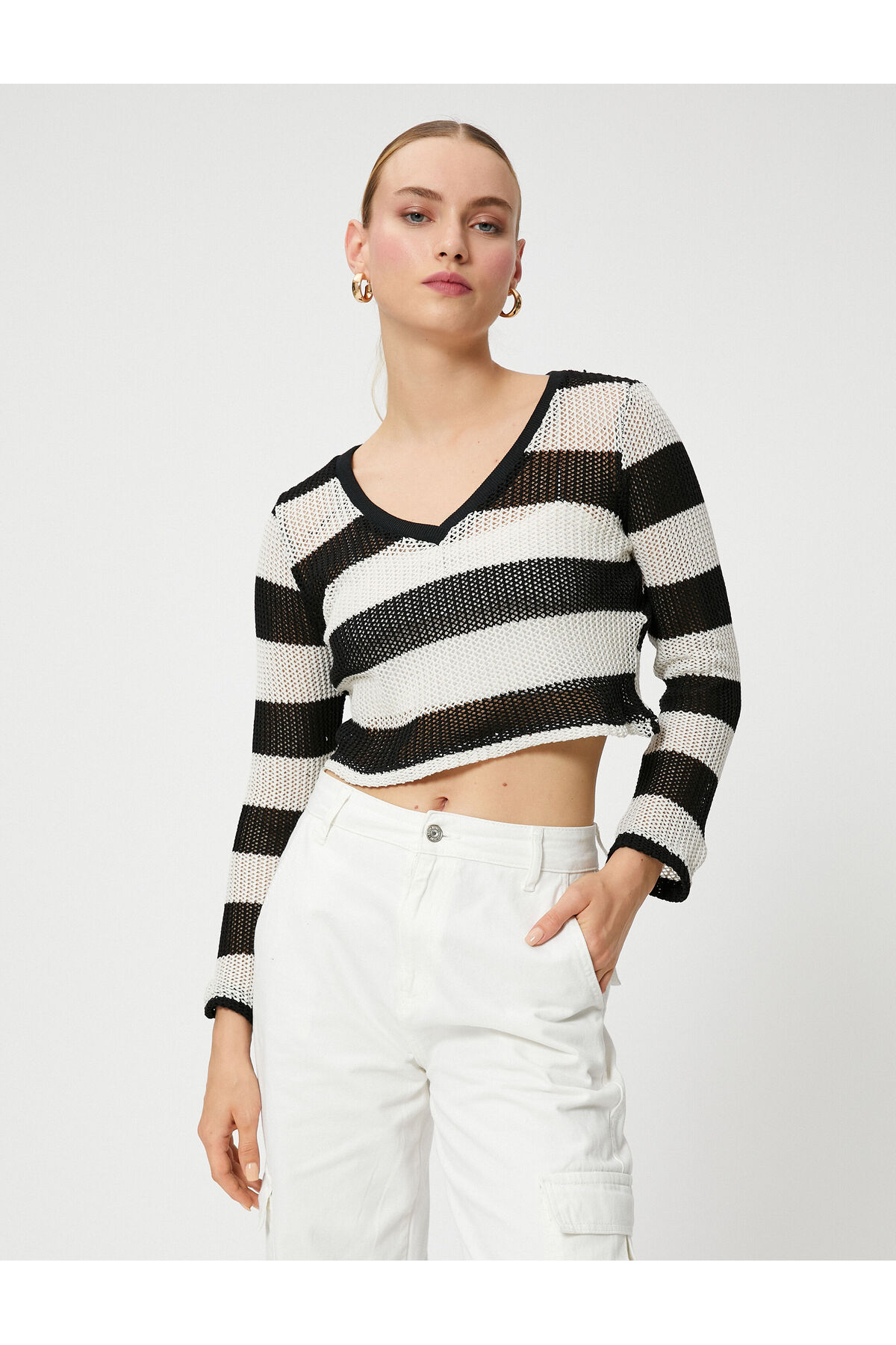 Levně Koton Crop Sweater V-Neck Long Sleeve