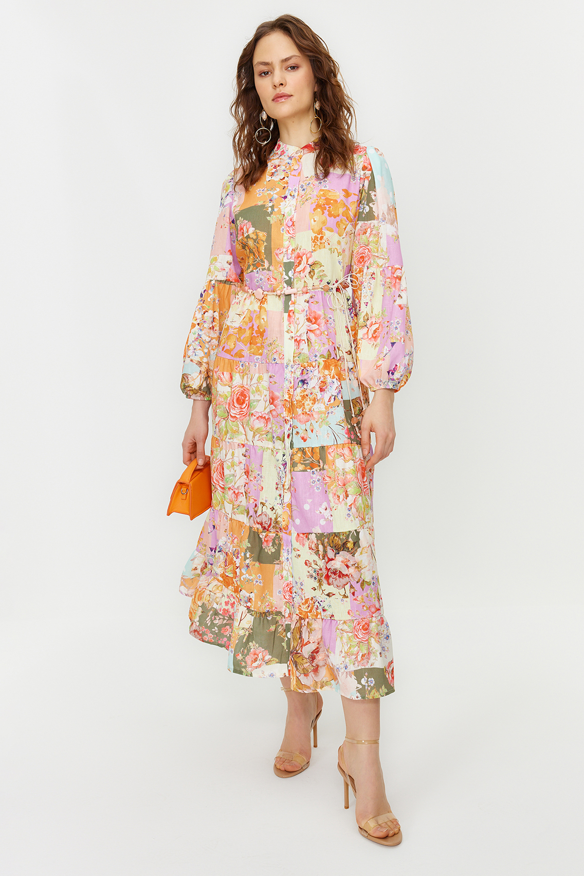 Trendyol Multicolored Floral Patterned Linen Look Woven Dress with Belt Detail