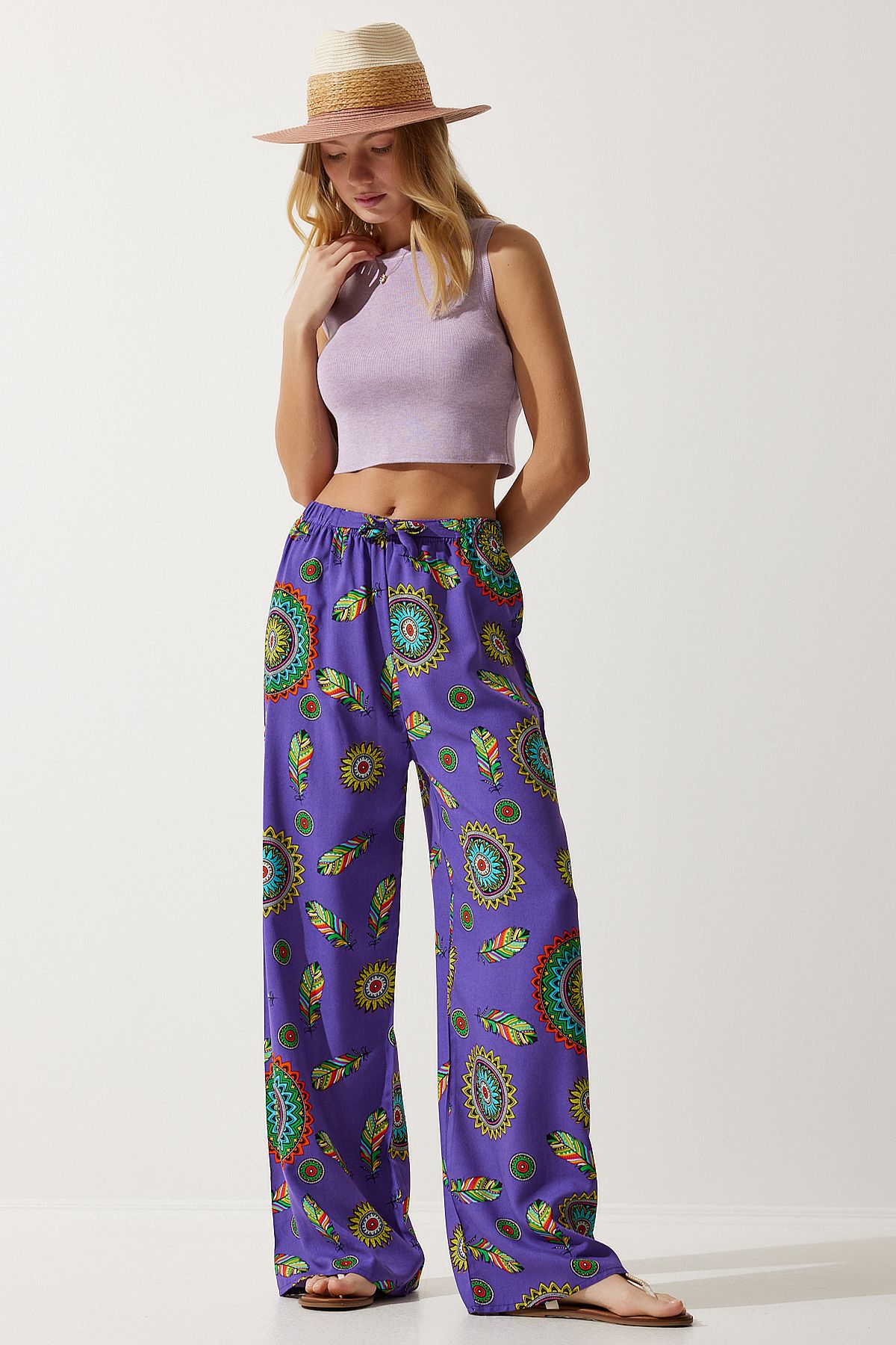Happiness İstanbul Women's Purple Patterned Flowing Viscose Palazzo Trousers