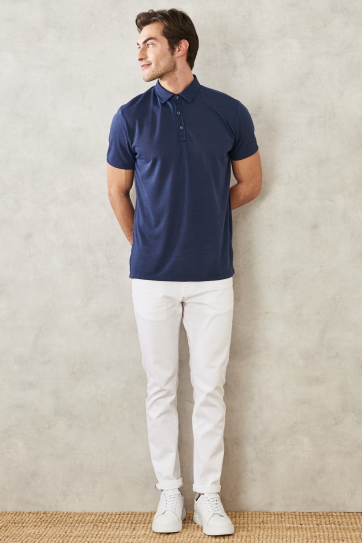 Levně AC&Co / Altınyıldız Classics Men's Navy Blue Slim Fit Slim Fit Polo Neck Plain Casual T-Shirt.