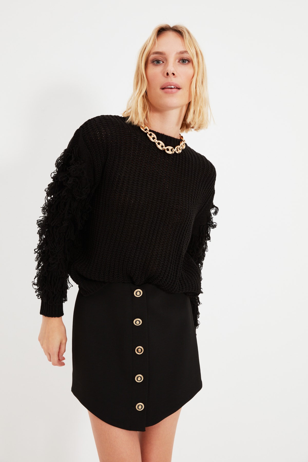 Trendyol Black Tassel Detailed Knitwear Sweater