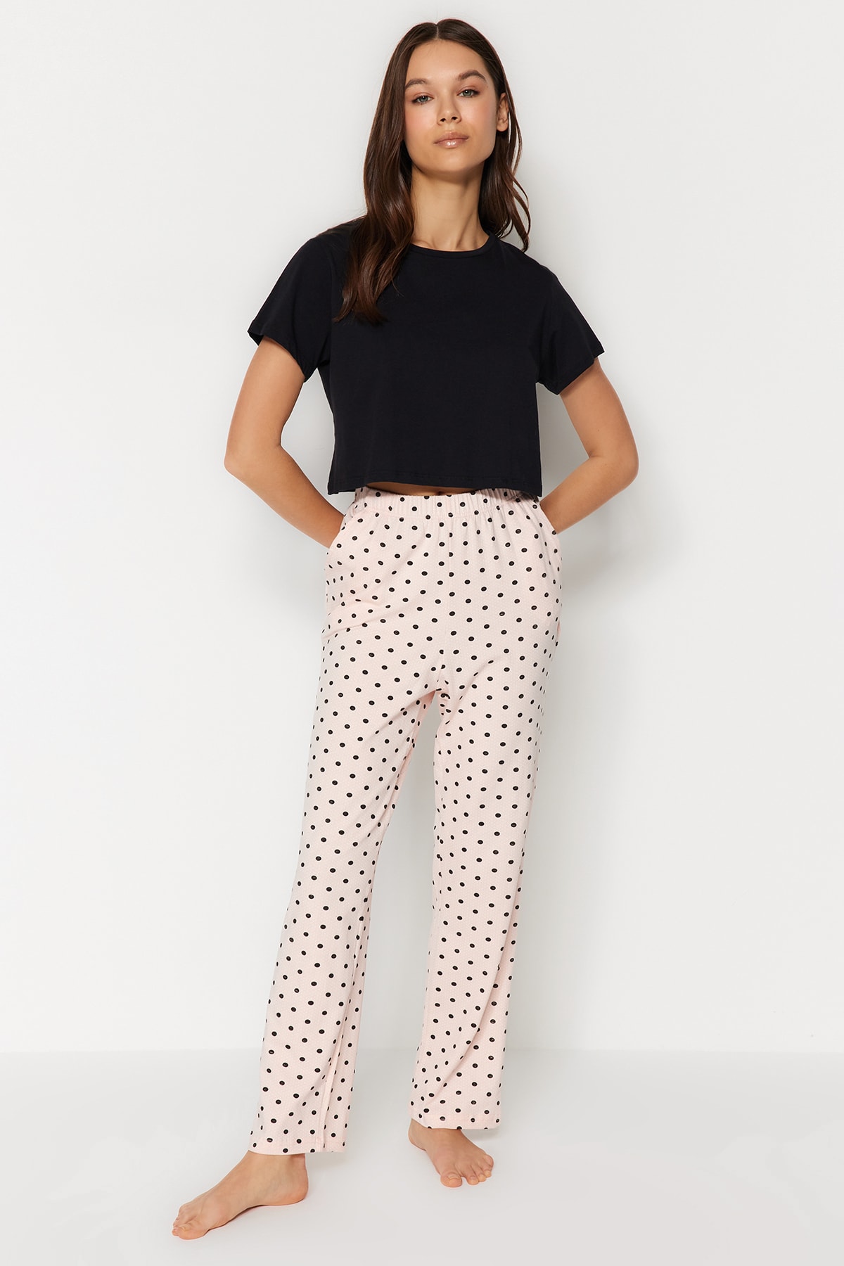 Trendyol Powder-Multicolored Polka Dot Cotton-Knitted Pajamas Bottoms