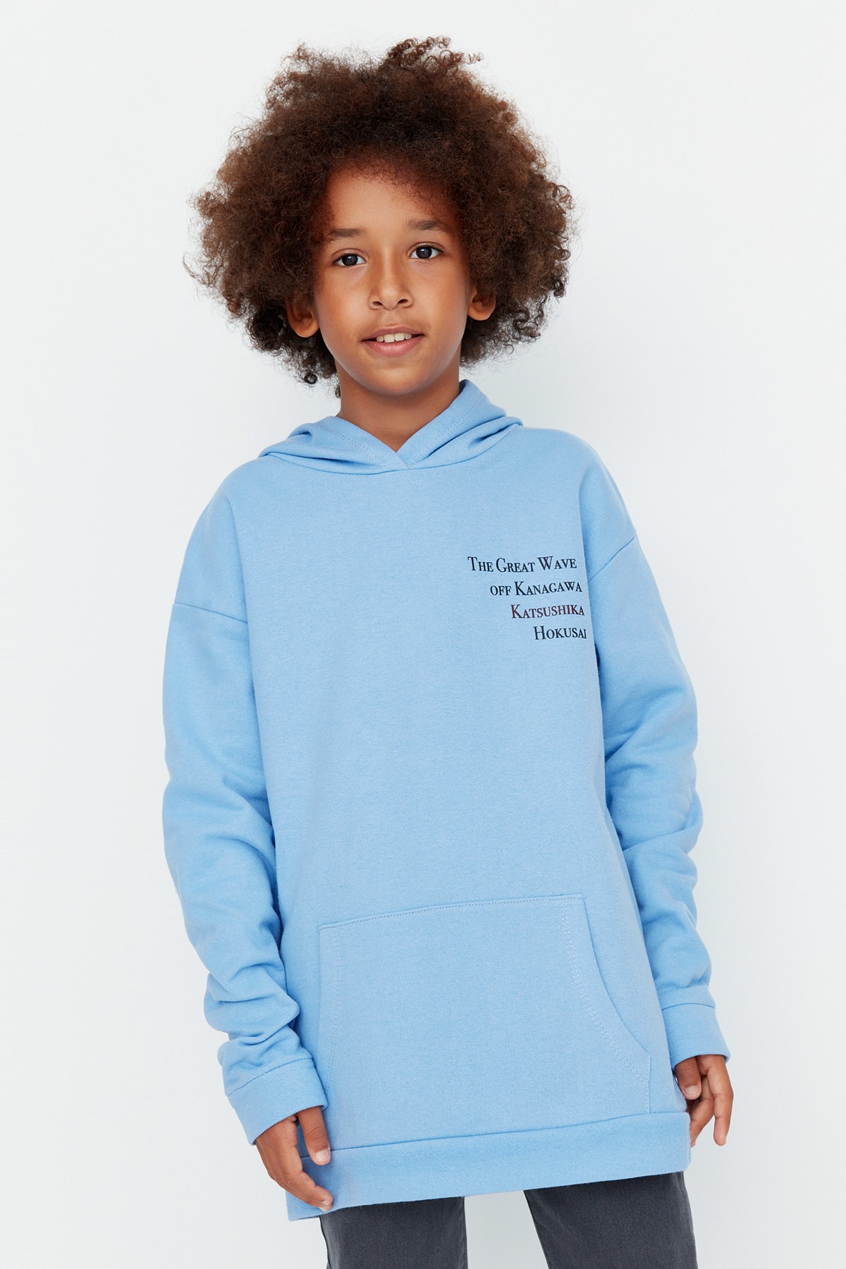 Levně Trendyol Light Blue Great Wave Licensed Printed Boy Knitted Thick Sweatshirt