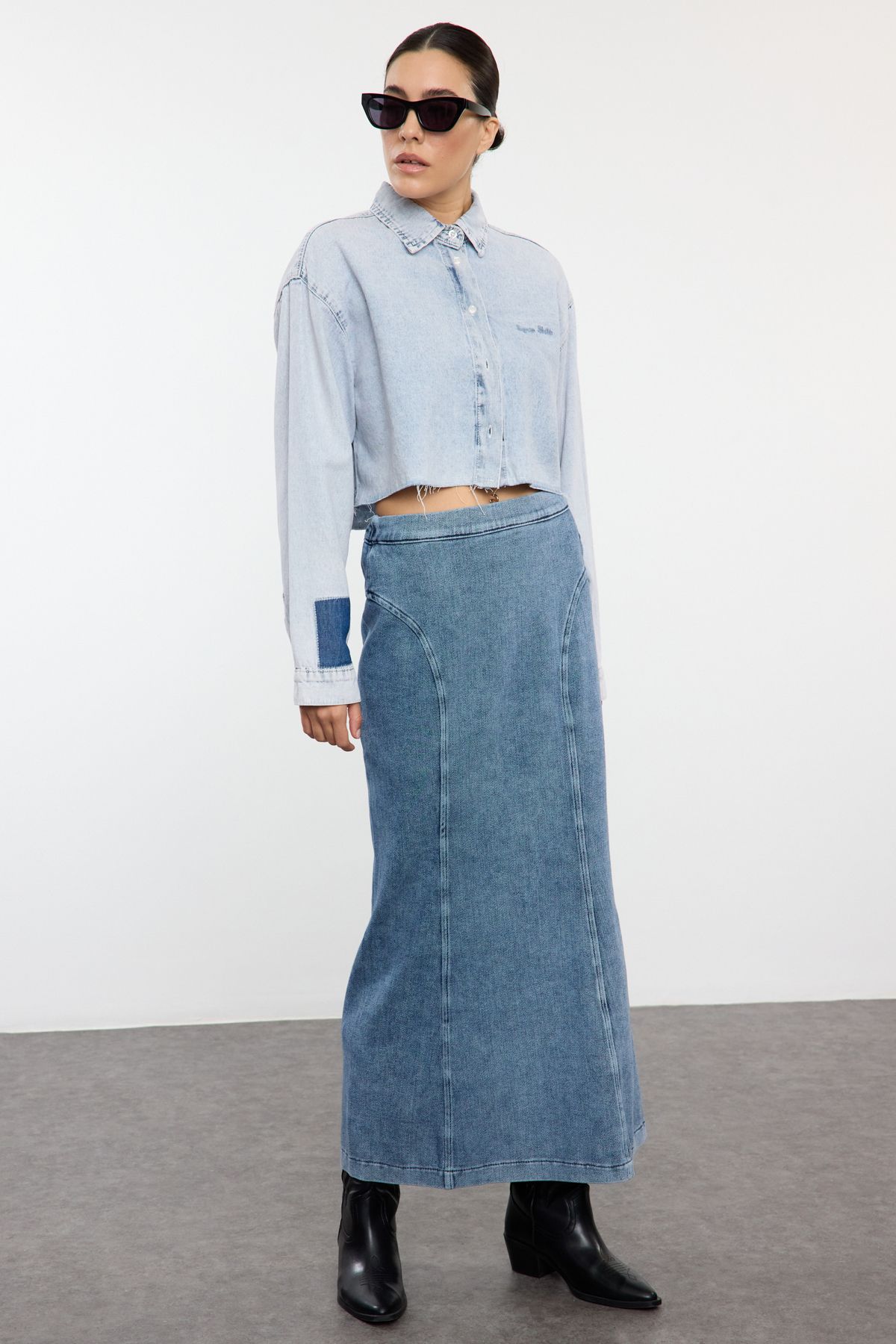 Trendyol Blue Stitch Detailed High Waist Maxi Denim Skirt