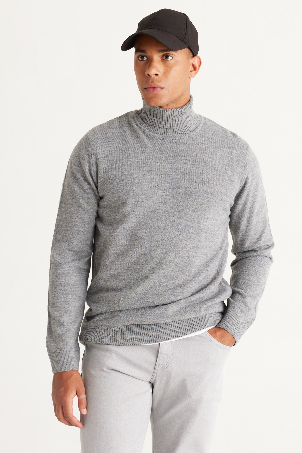 ALTINYILDIZ CLASSICS Men's Gray Melange Standard Fit Normal Cut Anti-Pilling Full Turtleneck Knitwear Sweater