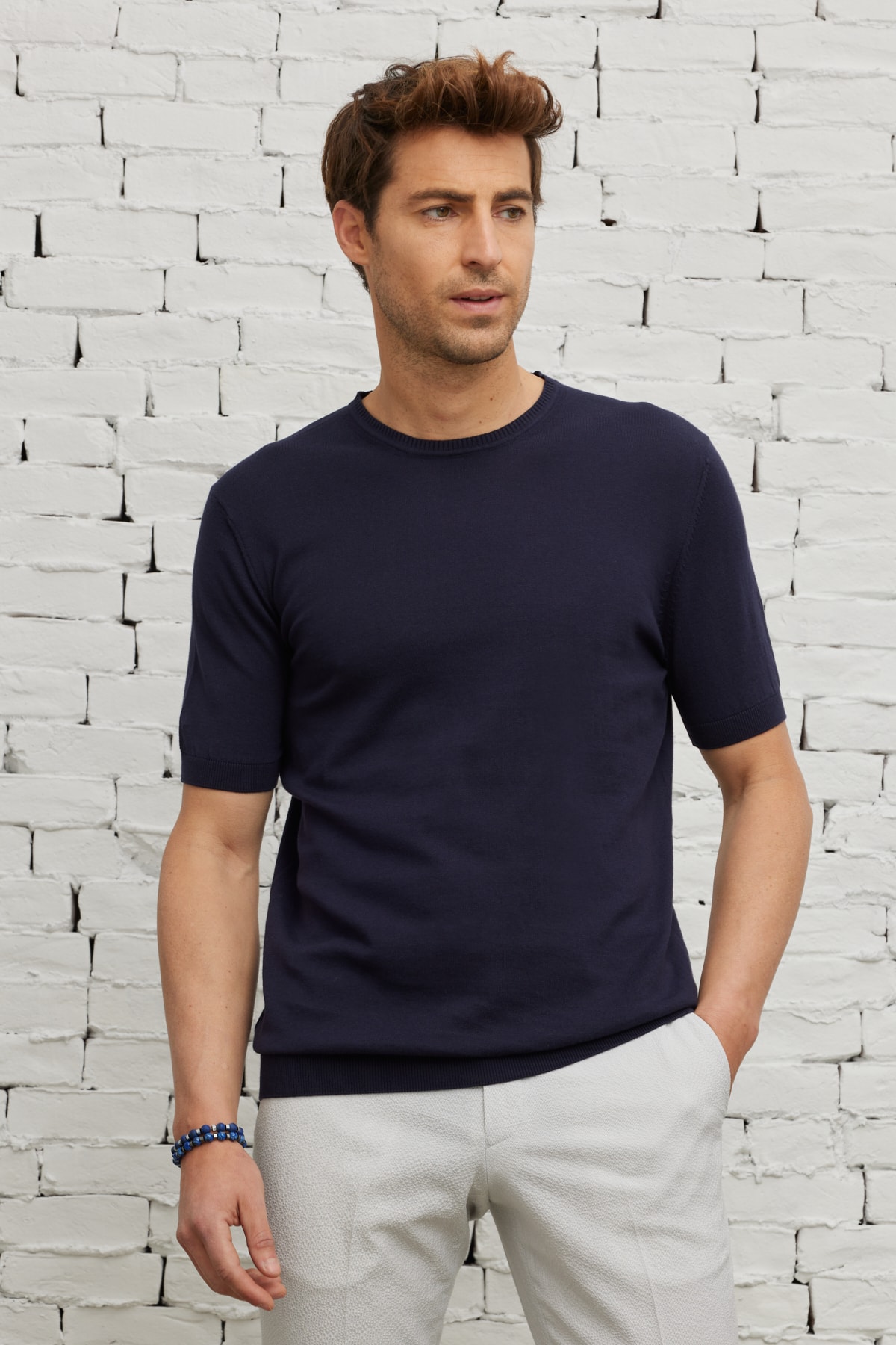 Levně ALTINYILDIZ CLASSICS Men's Navy Blue Standard Fit Regular Cut Crew Neck 100% Cotton Knitwear T-Shirt