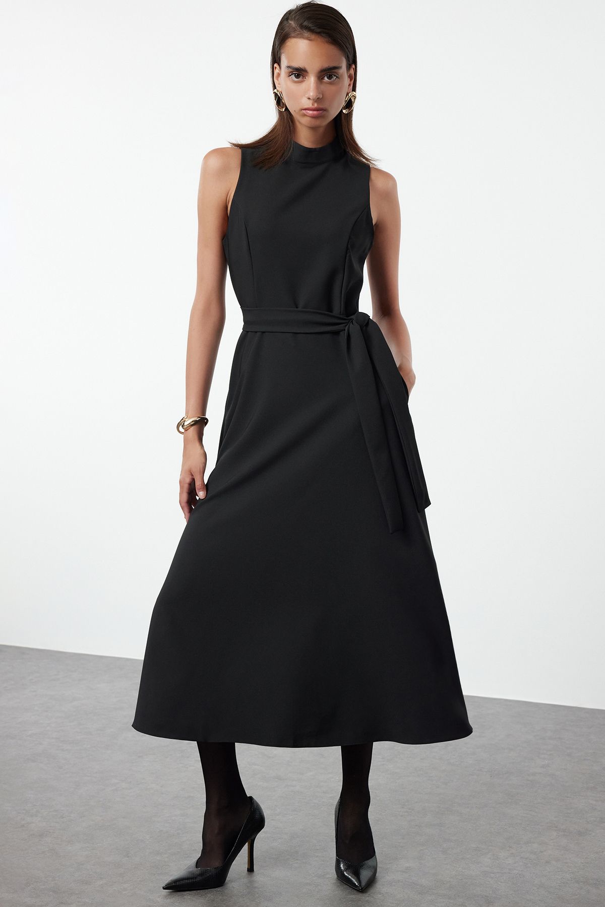 Trendyol Black Belted Waist Opening Stand Collar Midi Woven Dress