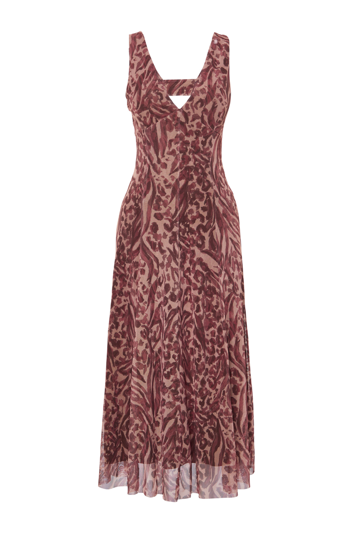 Trendyol Brown Animal/Leopard Printed V-Neck Tulle A-Line Midi Stretchy Knitted Dress