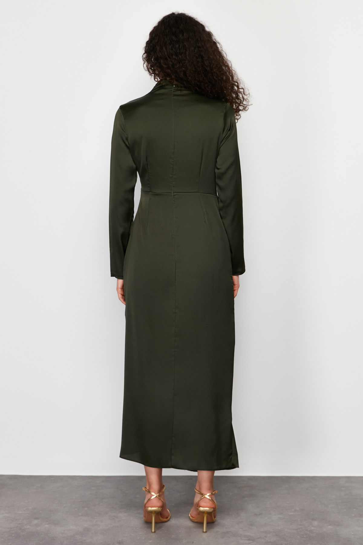 Trendyol Khaki Ruffle Detailed Woven Satin Evening Dress