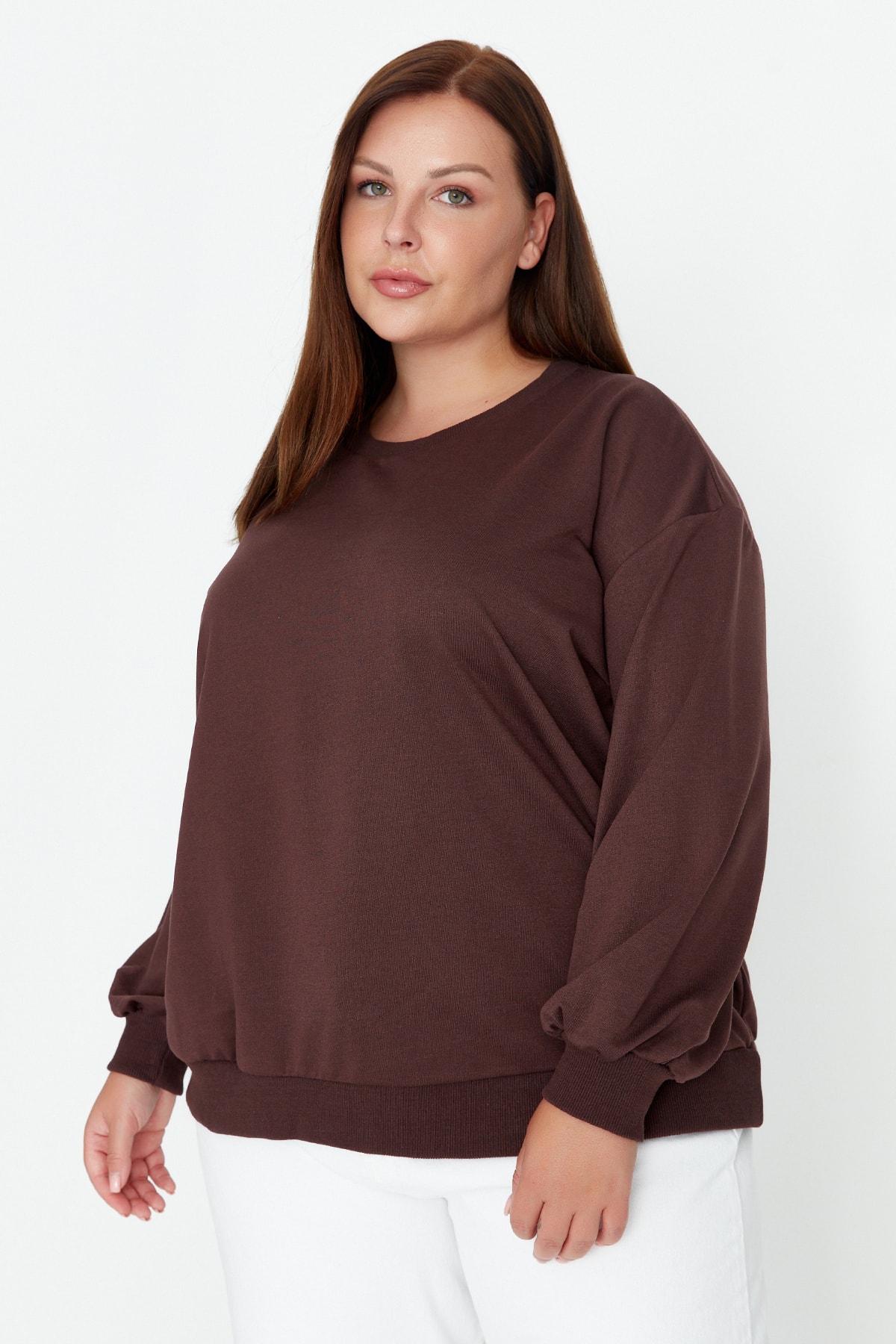 Trendyol Curve Plus Size Sweatshirt - Brown - Oversize