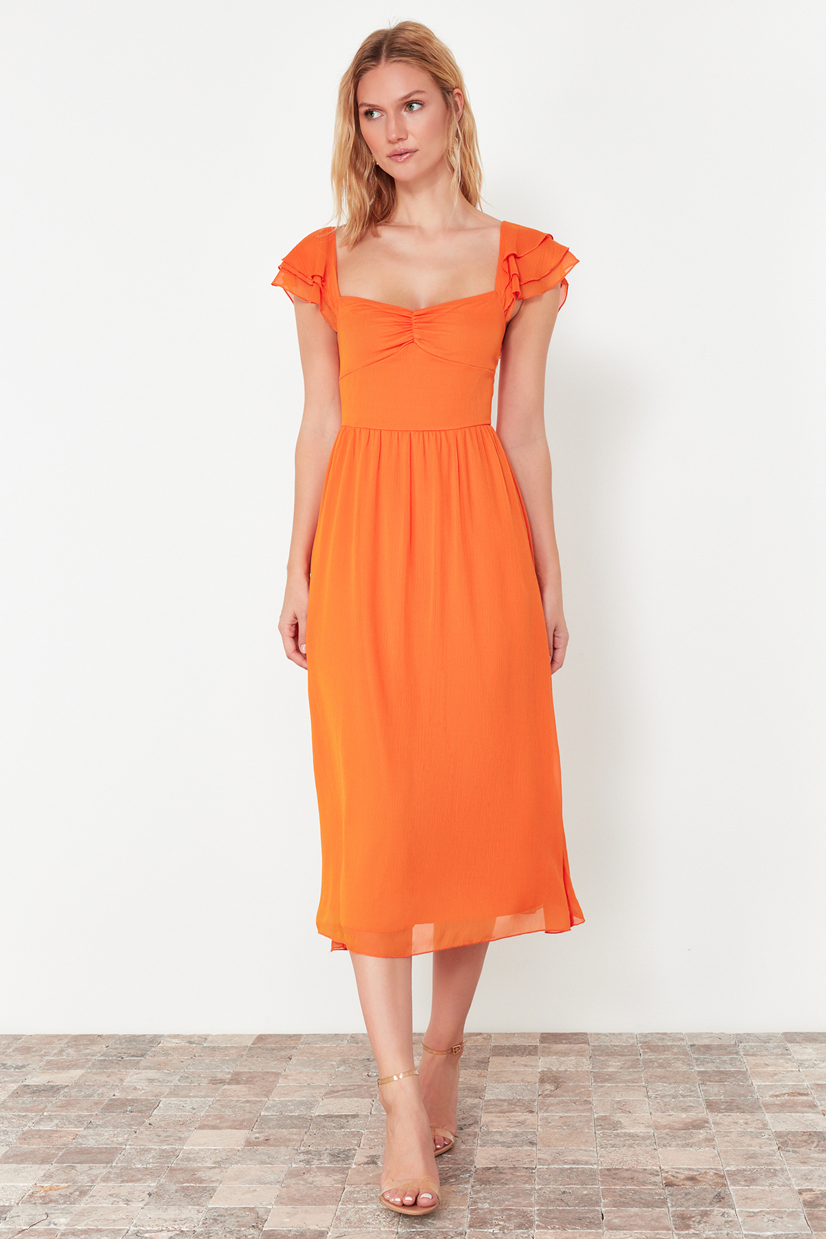 Levně Trendyol Orange Waist Opening Chiffon Lined Midi Woven Dress
