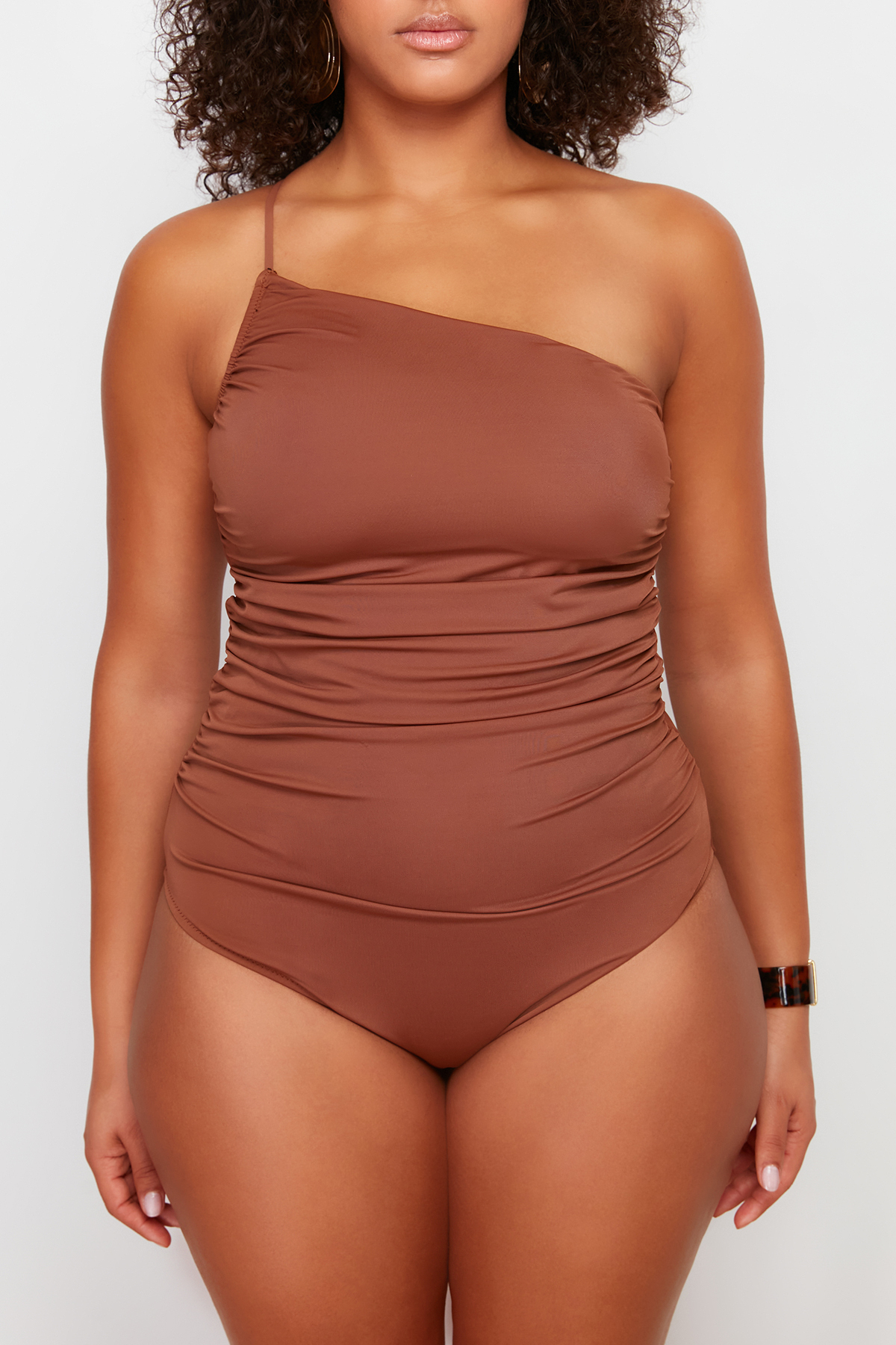Trendyol Curve Brown One Shoulder Swimsuit