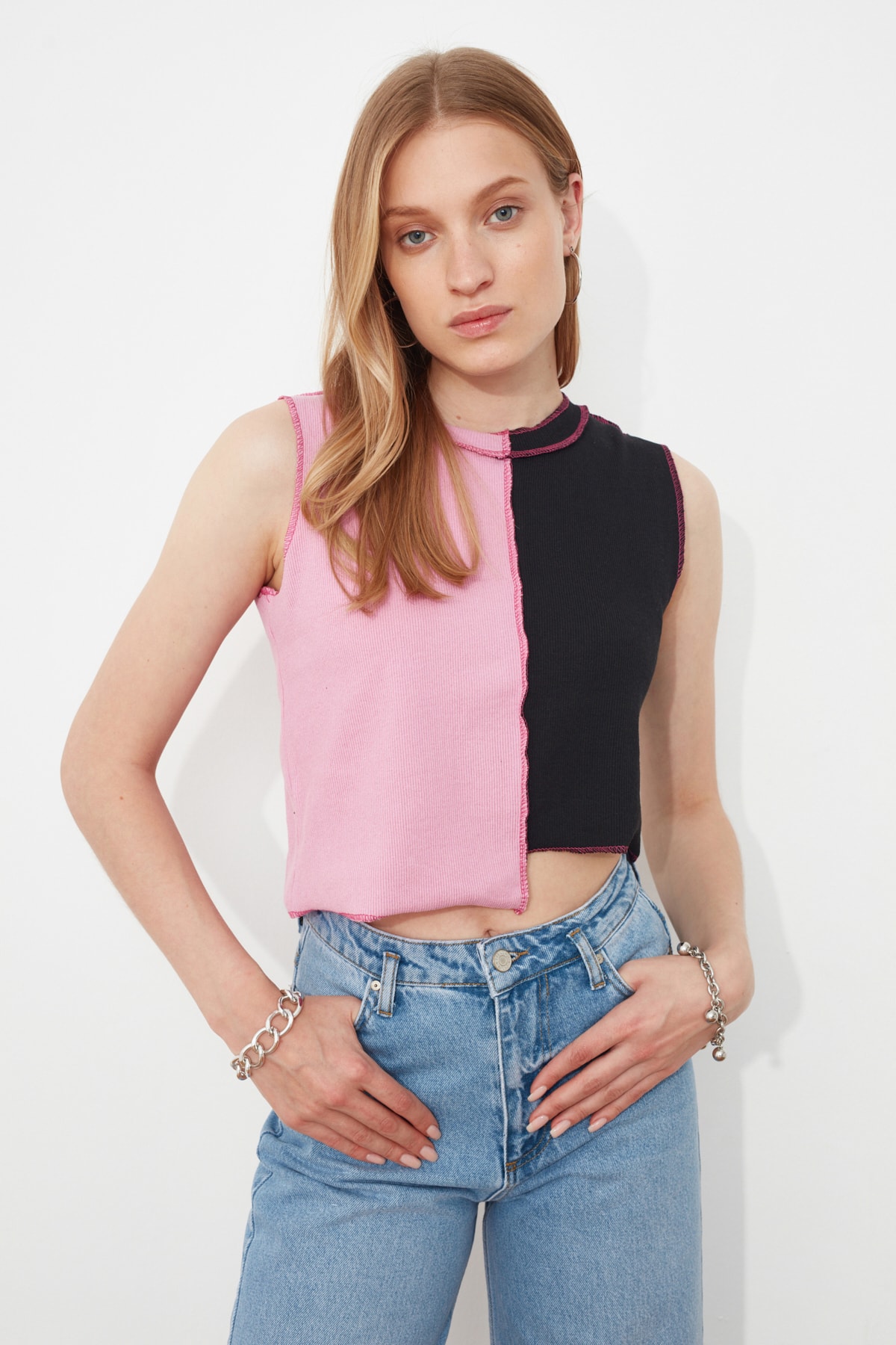 Trendyol Pink Top Collar Asymmetric Detailed Ribbed Blouse