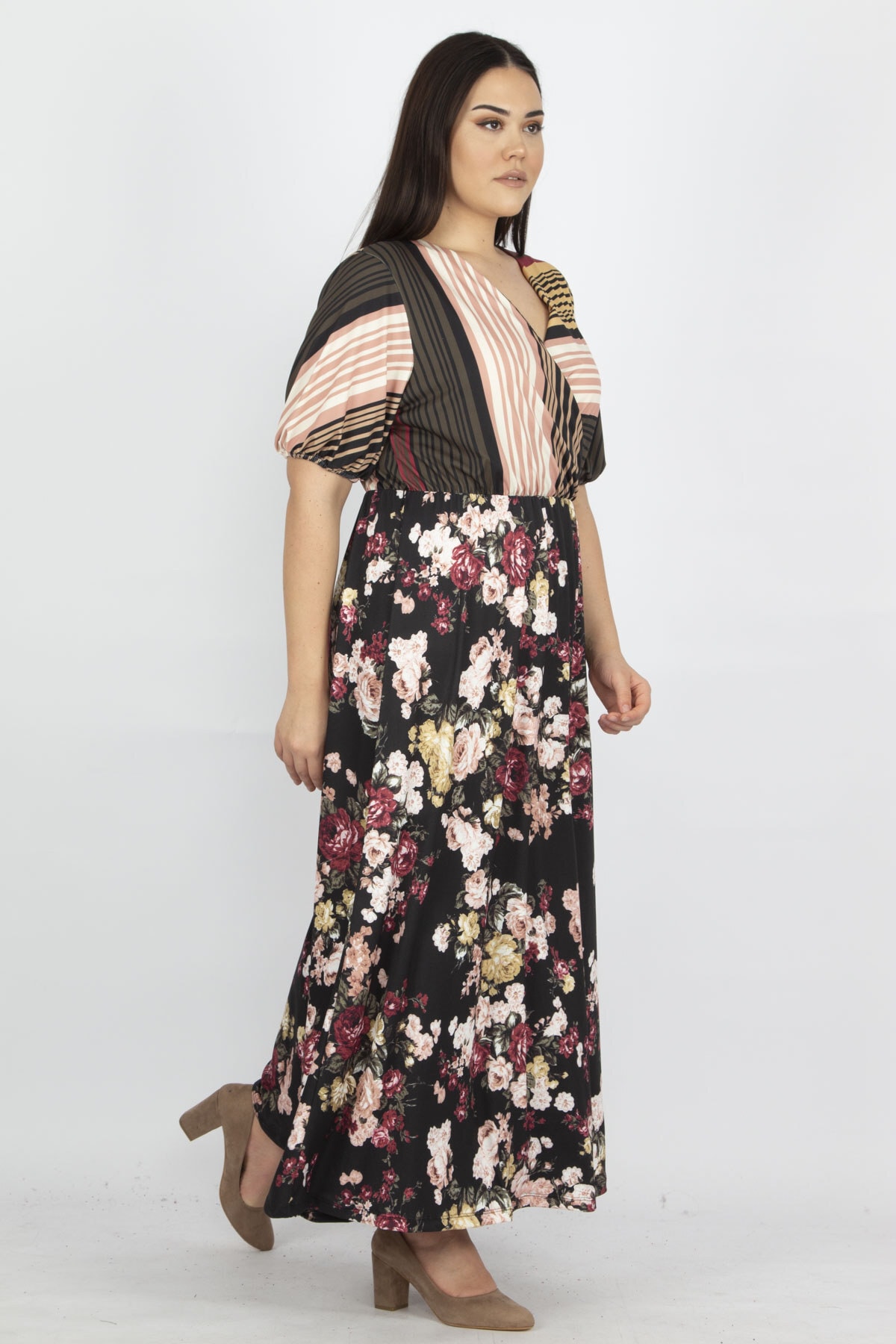 Şans Women's Plus Size Colorful Patchwork Patterned Wrap Collar Dress
