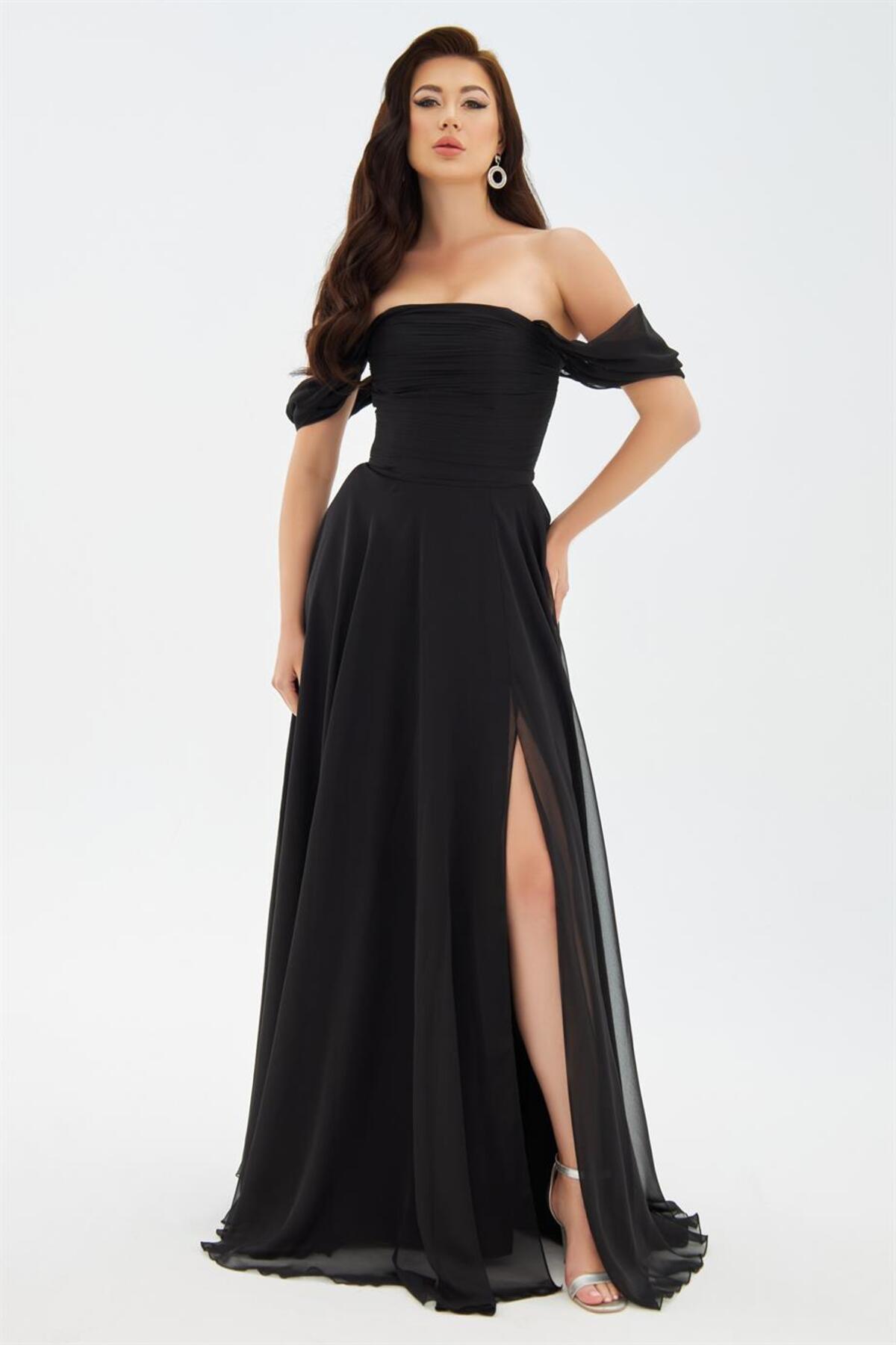 Carmen Black Chiffon Low Sleeve Long Evening Dress