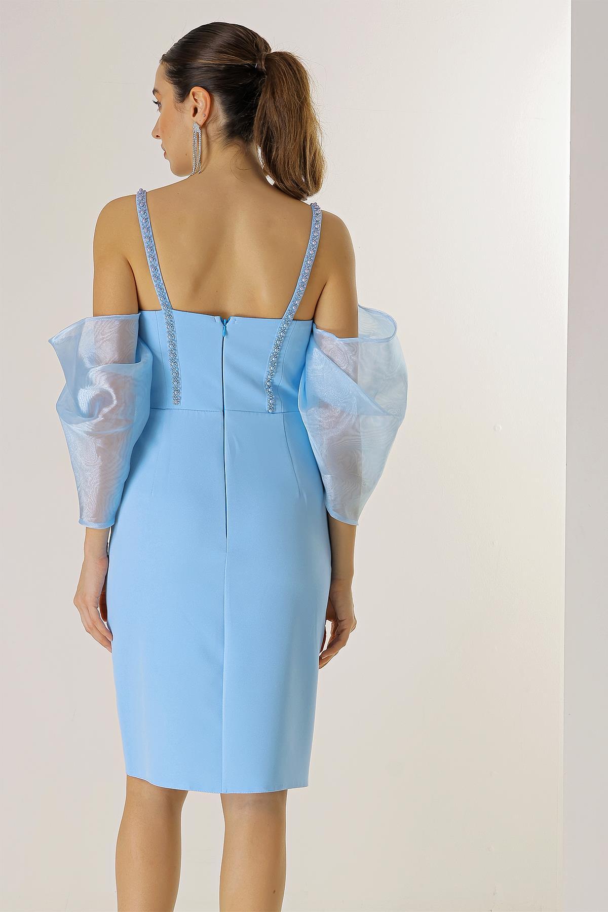 By Saygı Bead Detail Strap Organza Low Sleeve Lined Crepe Dress