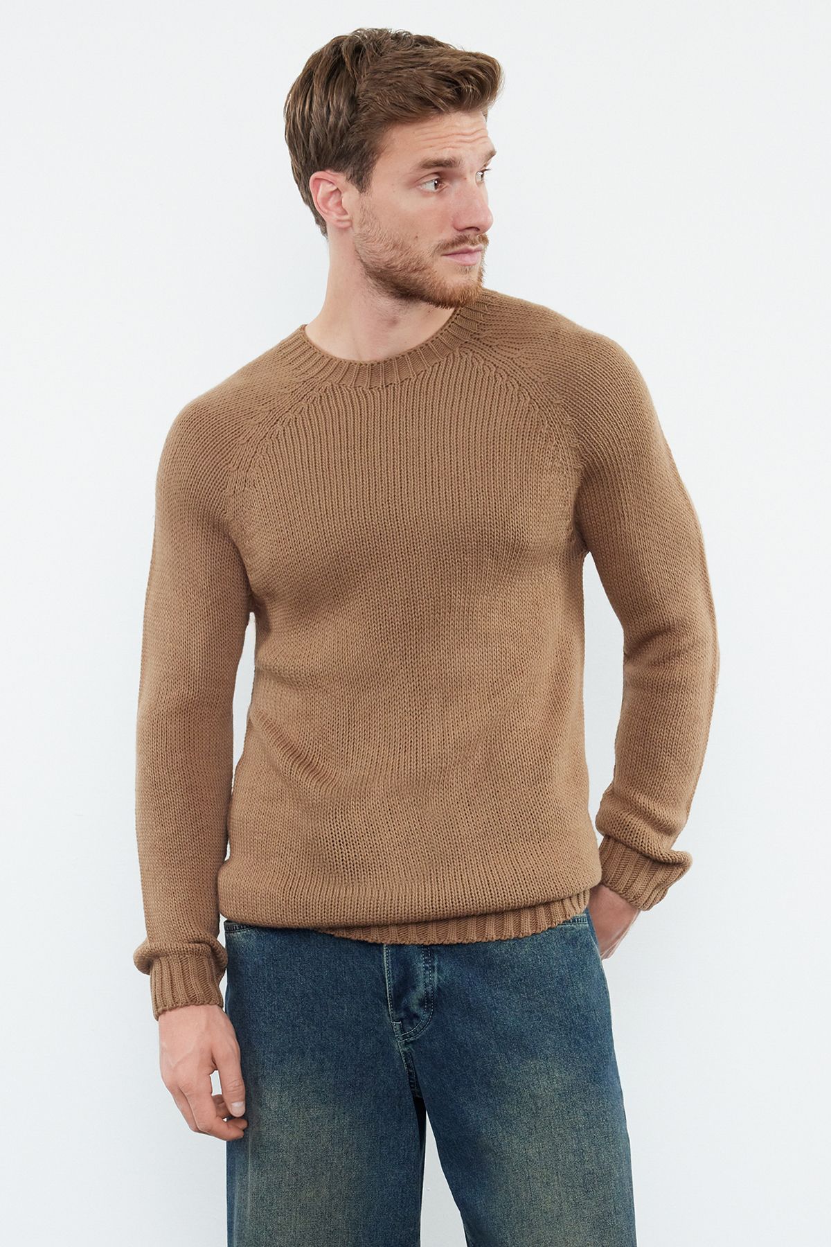 Levně Trendyol Men's Mink Slim Fit Crew Neck Raglan Sleeve Seamless Basic Knitwear Sweater