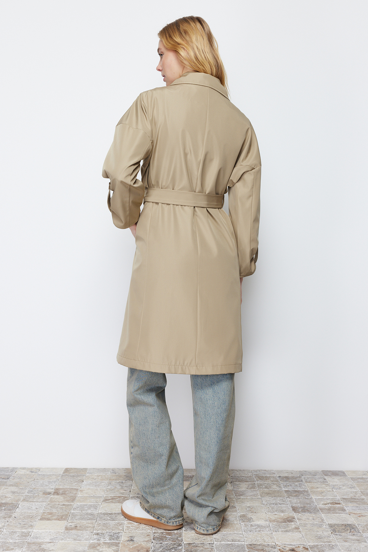 Trendyol Light Khaki Oversize Belted Water Repellent Long Trench Coat