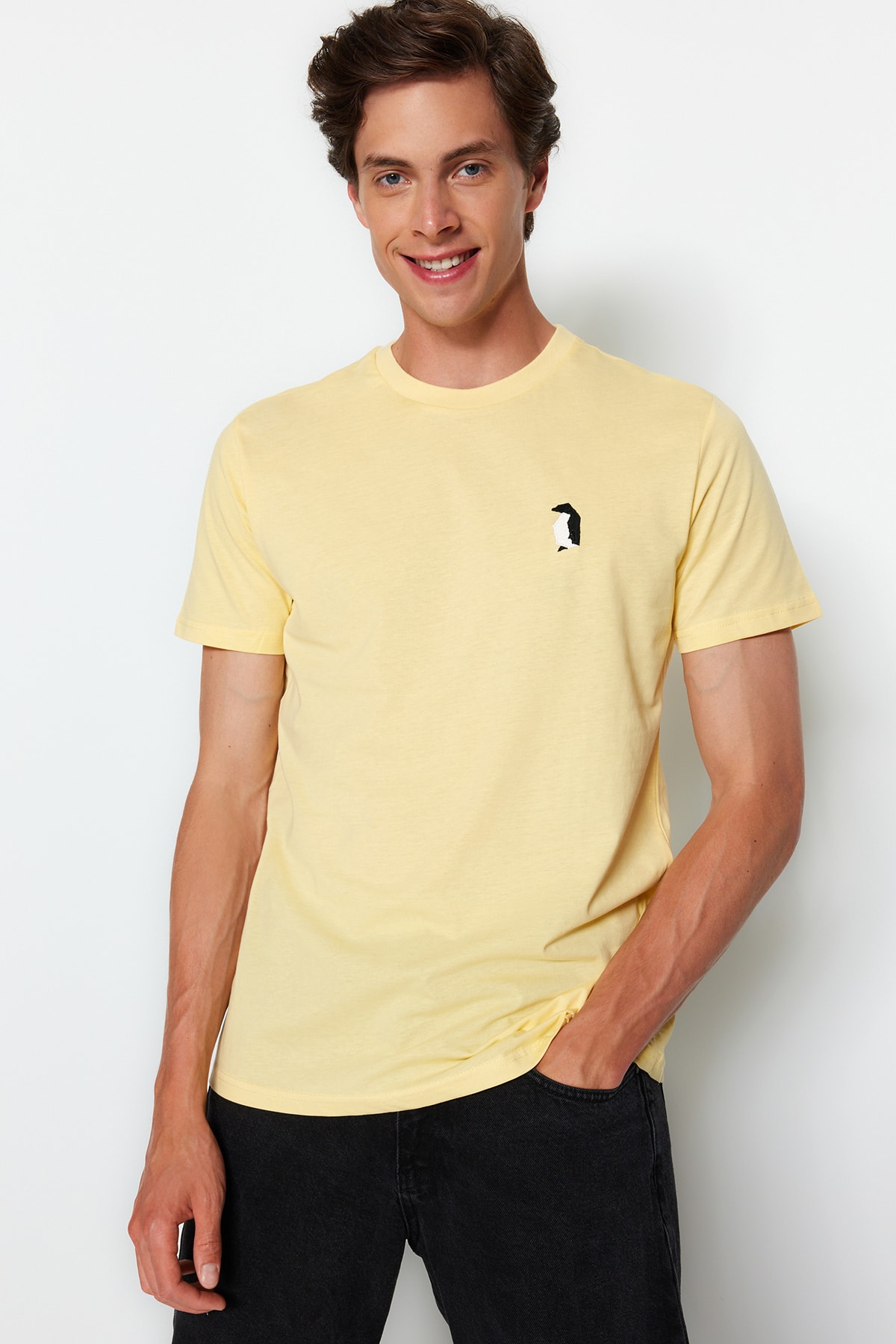 Trendyol Light Yellow Men's Regular/Regular Cut Animal Embroidery 100% Cotton T-Shirt
