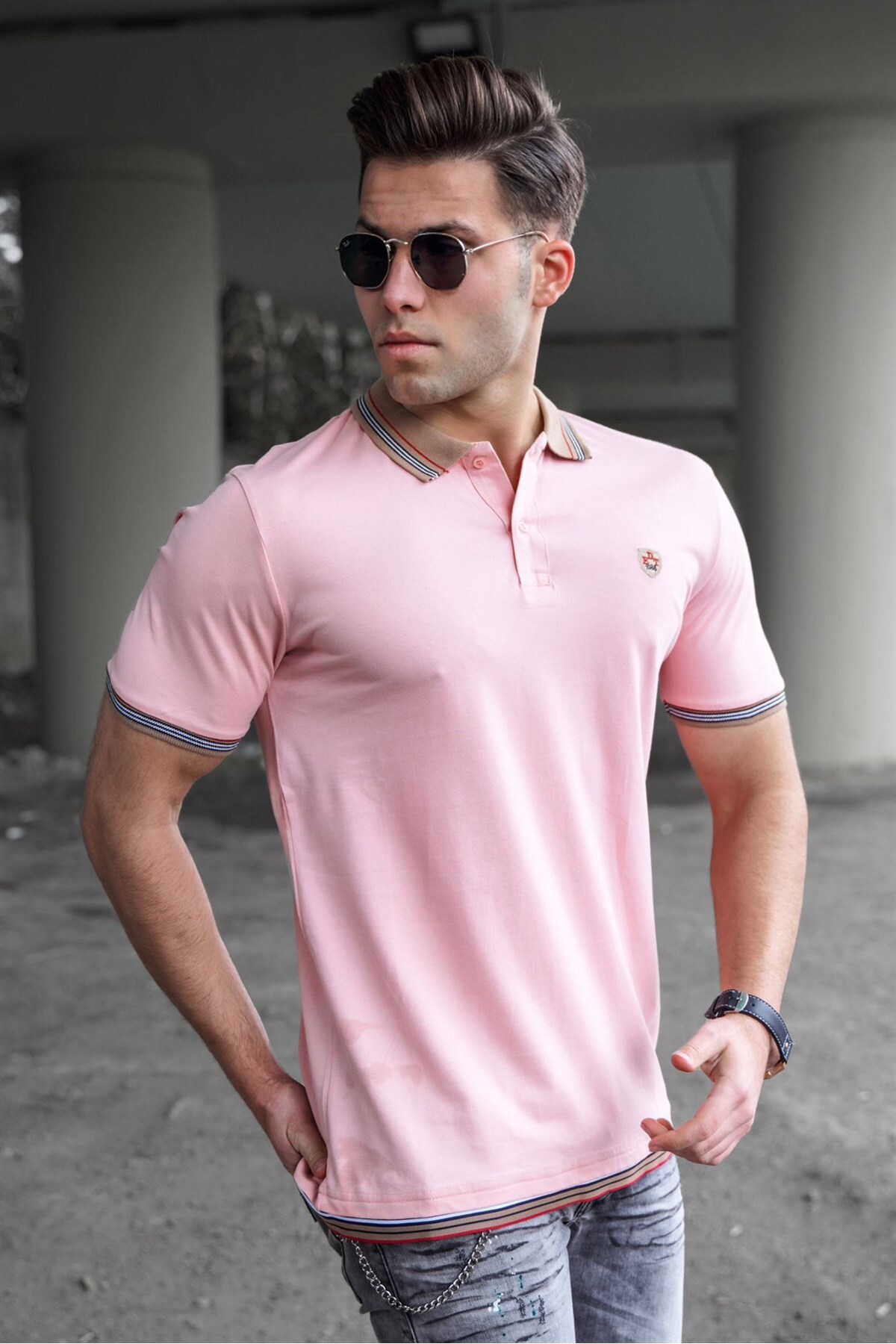 Levně Madmext Pink Men's Polo Neck T-Shirt 5116