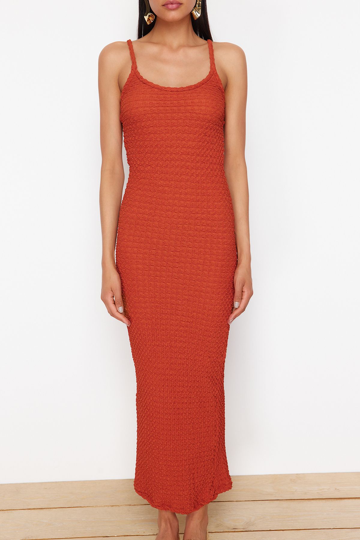 Trendyol Cinnamon Textured Plain Bodycone/Fit Strap Maxi Stretchy Knitted Pencil Dress