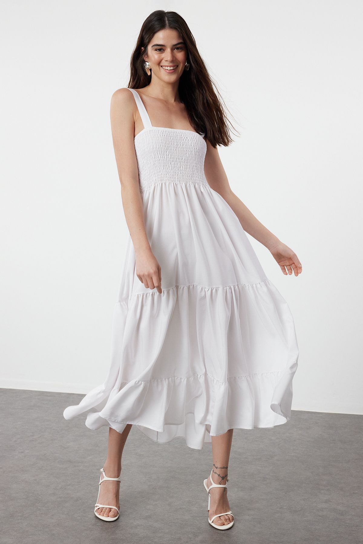 Trendyol White Straight A-Line Gimped Square Neck MaxiWoven Dress