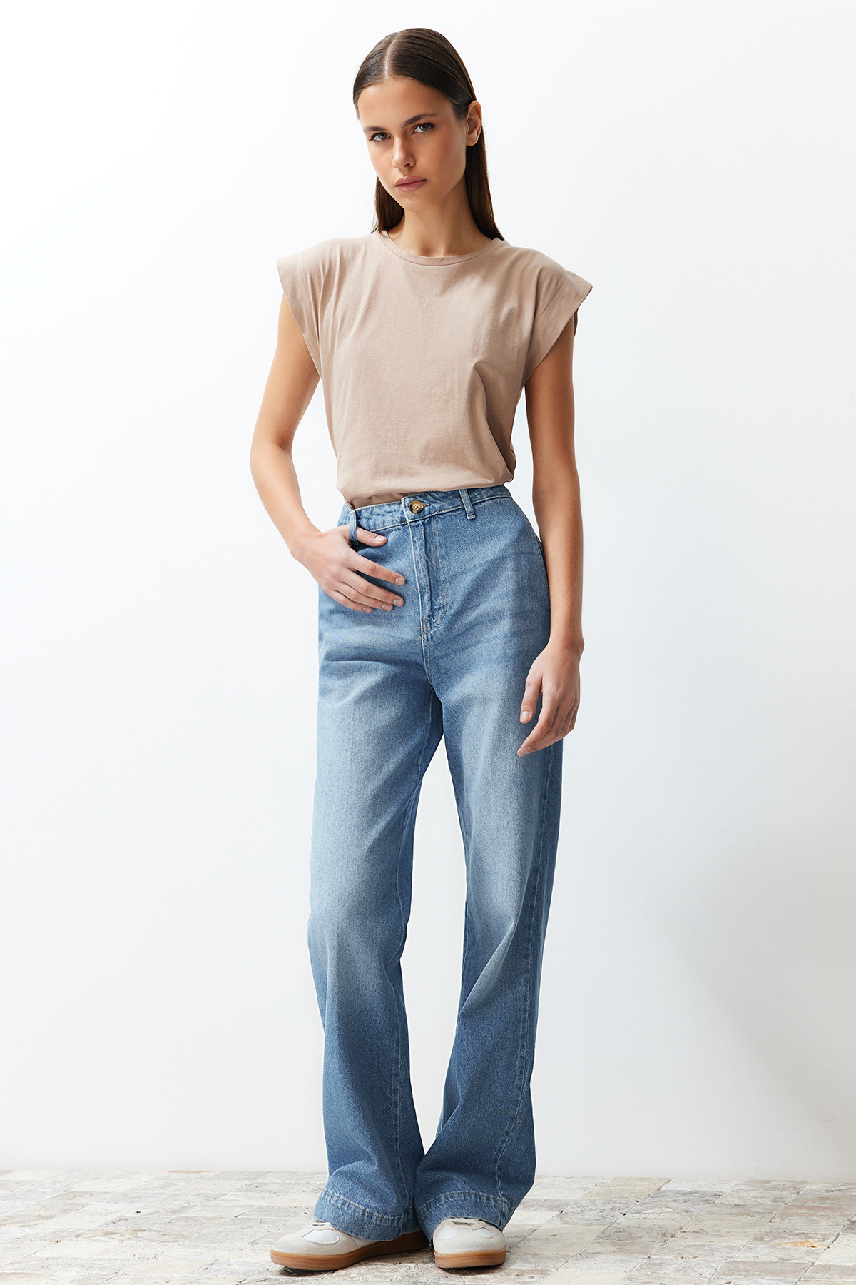 Levně Trendyol Blue Pocket Detailed High Waist Wide Leg Jeans