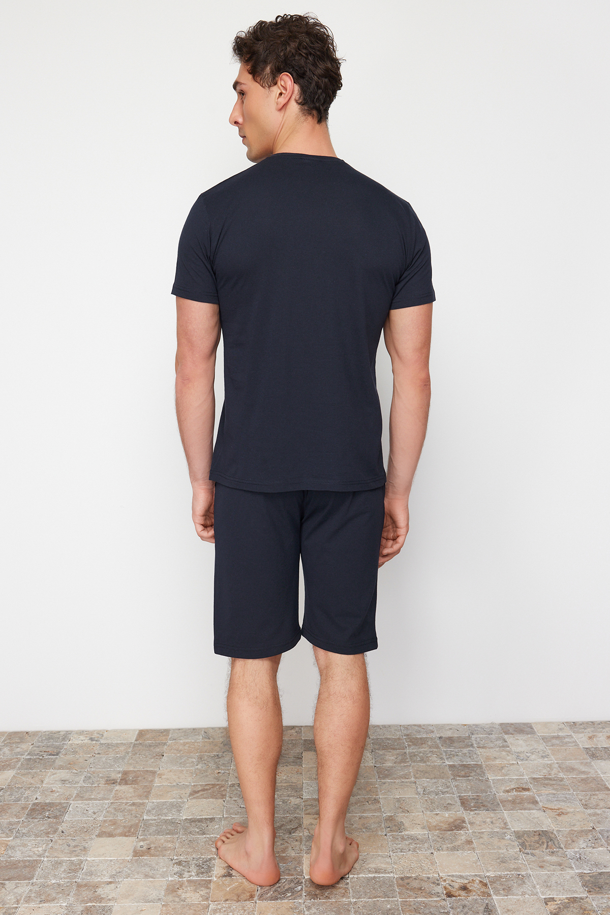 Trendyol Navy Blue Crew Neck Regular Fit Pajamas Set with Knitted Shorts