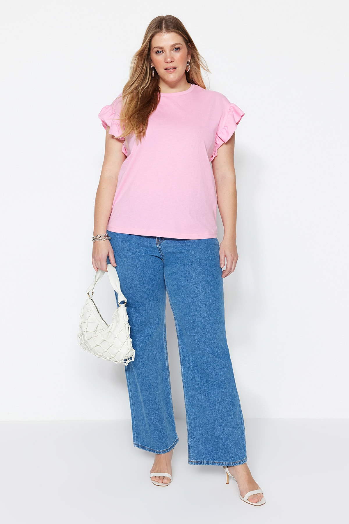 Trendyol Curve Pink Crew Neck Ruffle Sleeves 100% Cotton Knitted T-Shirt