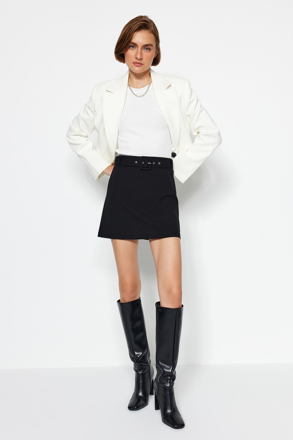 Trendyol Black Crepe Mini Pencil Skirt With Belt, Flexible Knitted Skirt