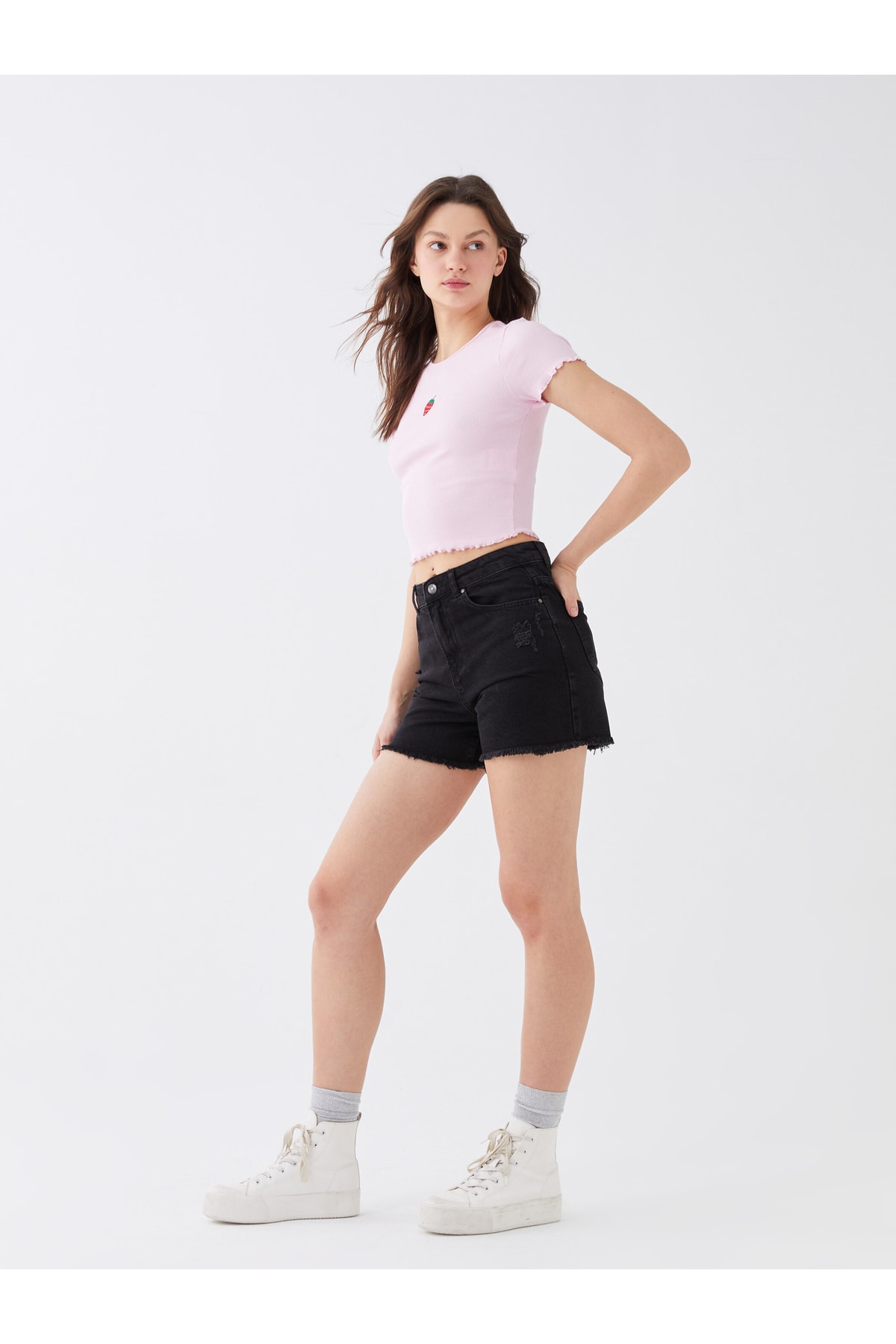 LC Waikiki Women's Ripped Detailed Mom Fit Jean Shorts