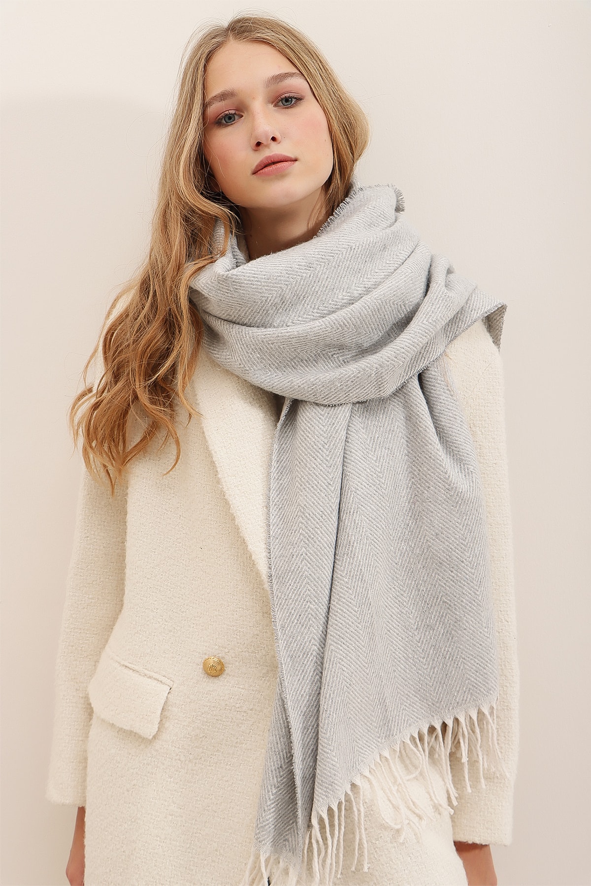 Trend Alaçatı Stili Women's Gray Wool-Mixed Patterned Shawl