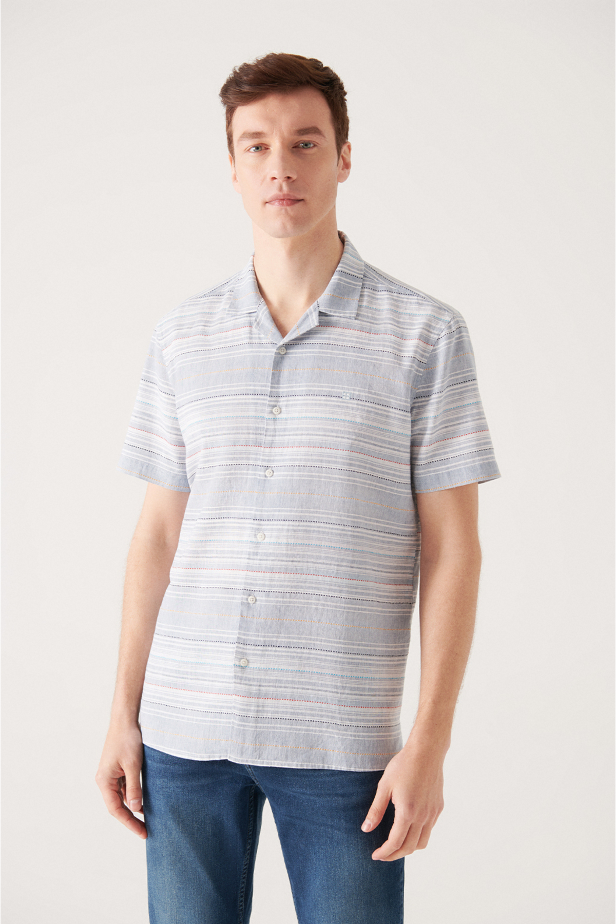 Avva Men's Blue Striped Cuban Collar Short Sleeve Shirt