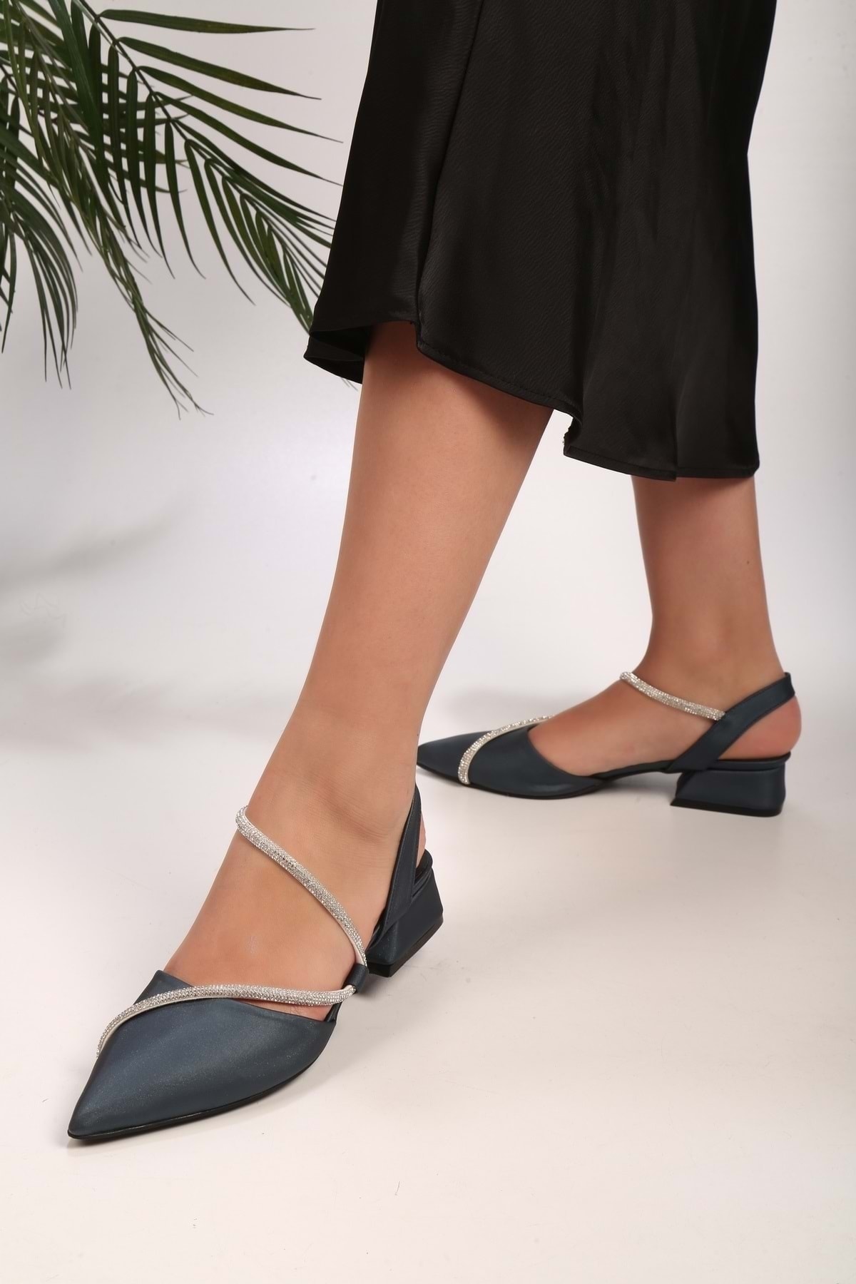 Shoeberry Women s Tue Navy Blue Satin with Stones Heeled Shoes