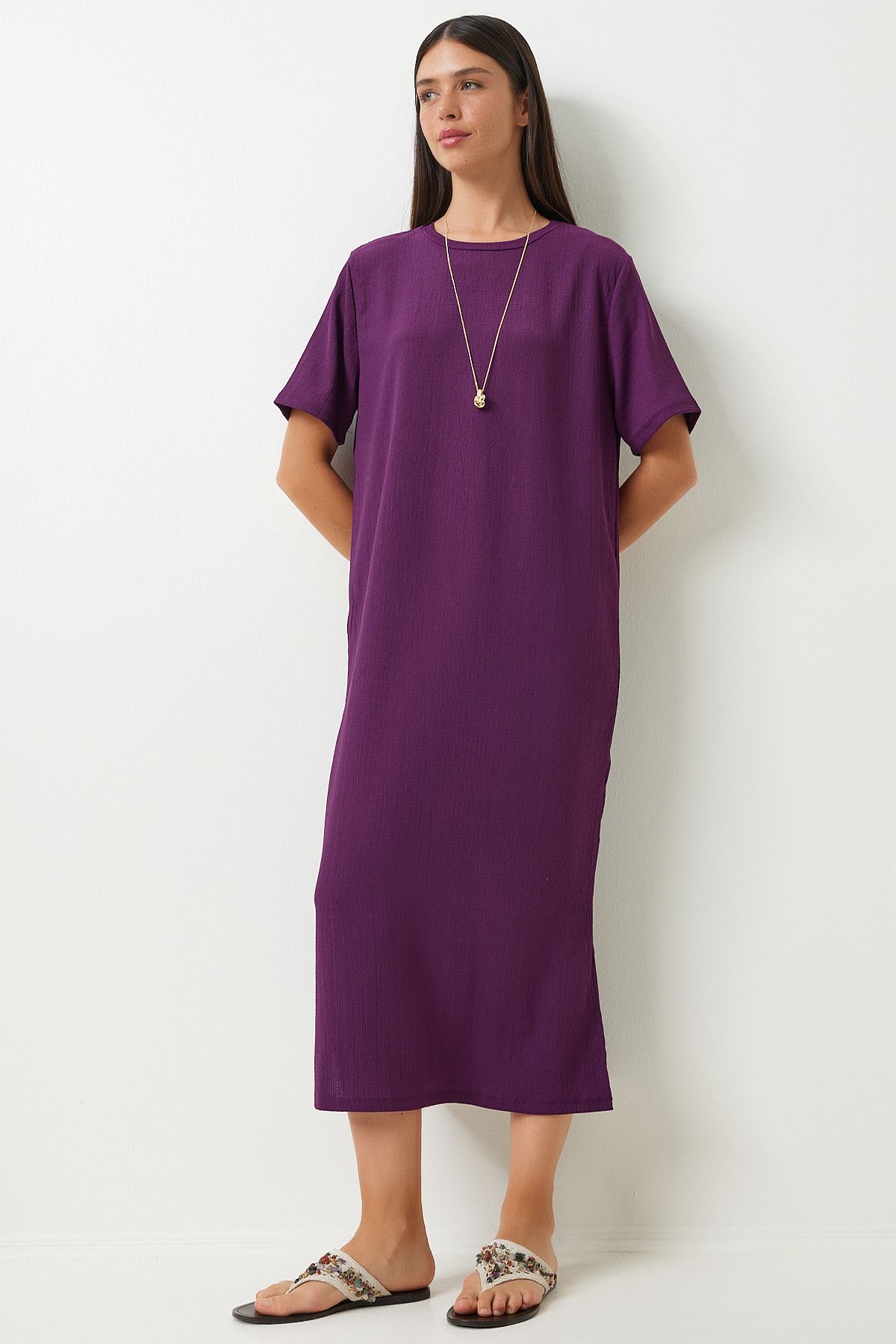 Happiness İstanbul Women's Plum Loose Long Daily Summer Knitted Dress