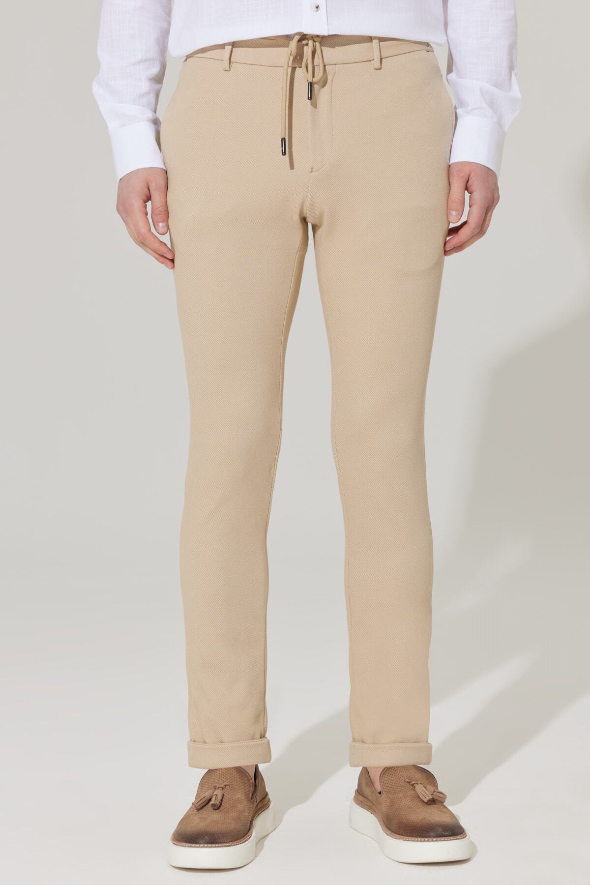 Levně ALTINYILDIZ CLASSICS Men's Beige Slim Fit Slim Fit Diagonal Patterned Elastic Tie Waist Jogger Pants