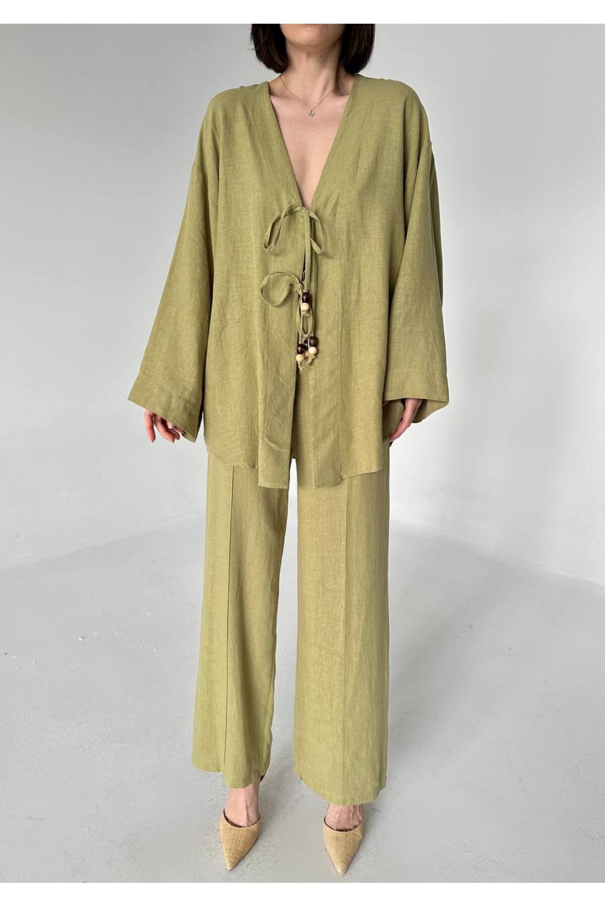 Laluvia Khaki Beaded Kimono Linen Suit