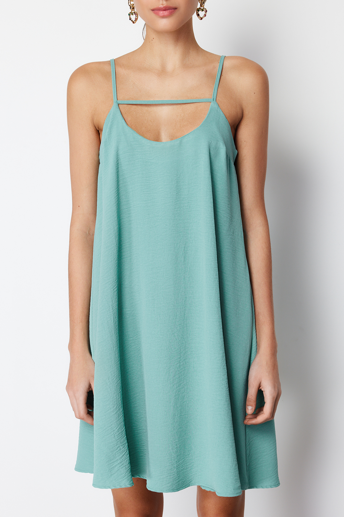 Trendyol Green Comfortable Cut Strappy Collar Detailed Mini Woven Dress