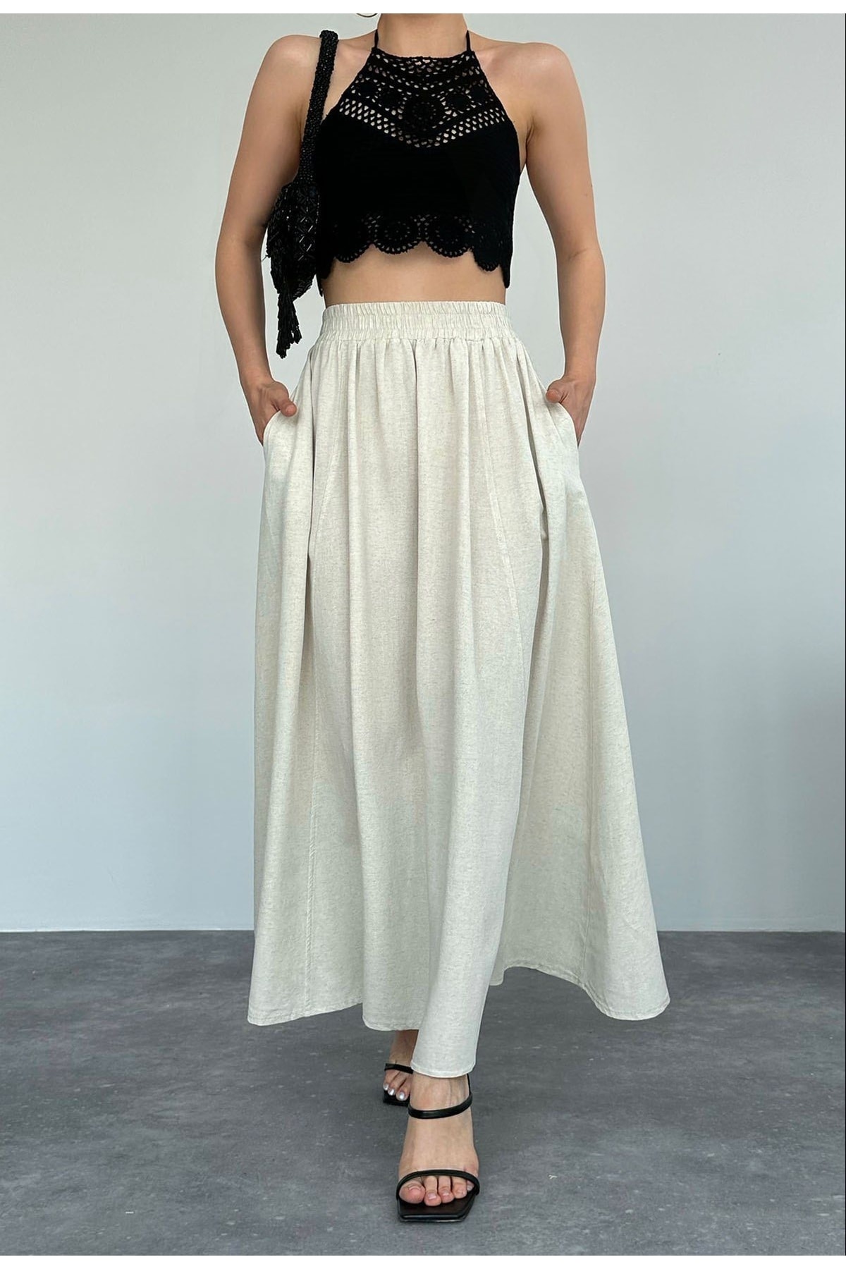 Laluvia Beige Pocketed Linen Skirt with Elastic Waist