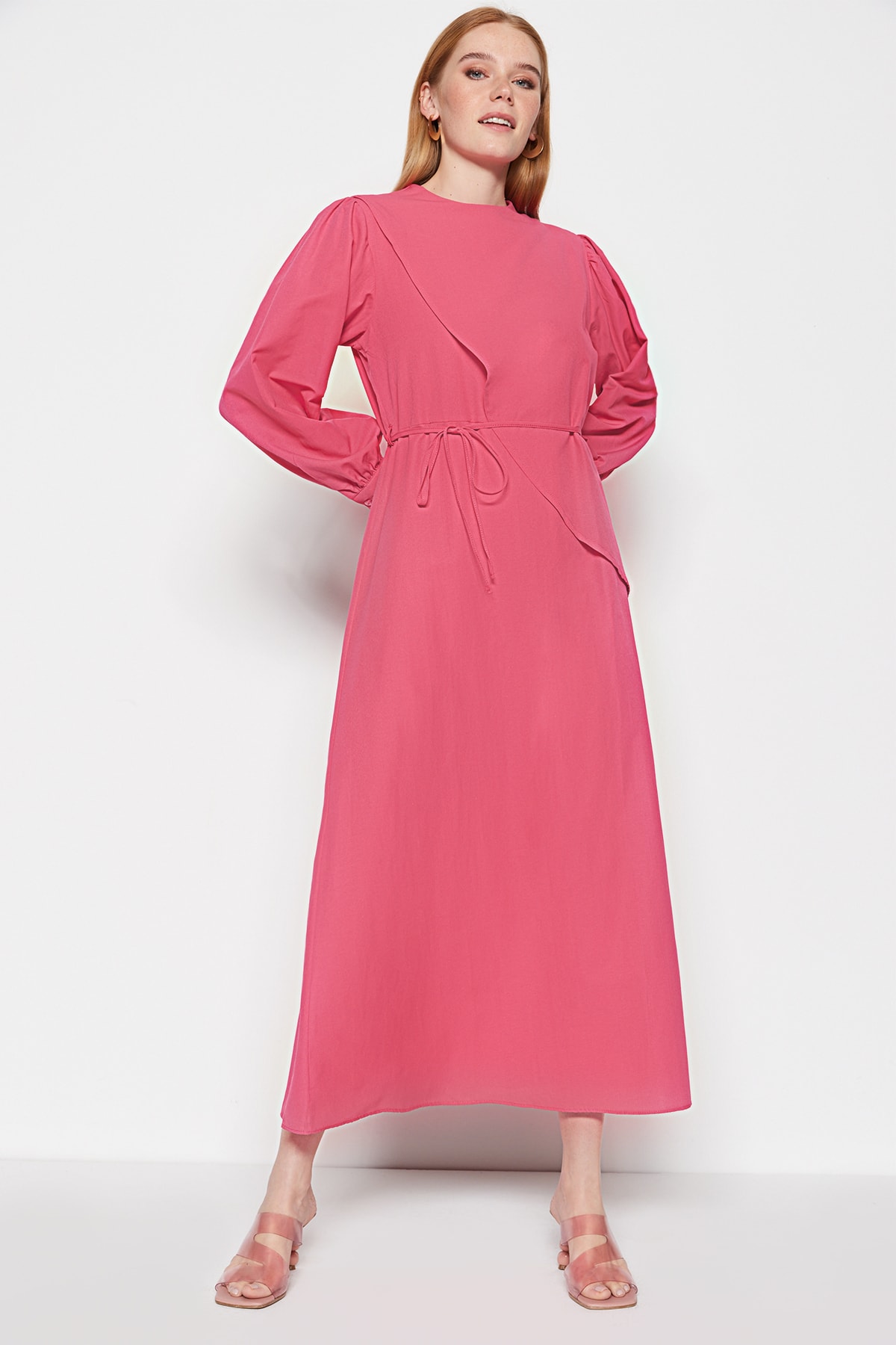 Rochie Trendyol Fuchsia din bumbac țesut cu burtă cu mozaic