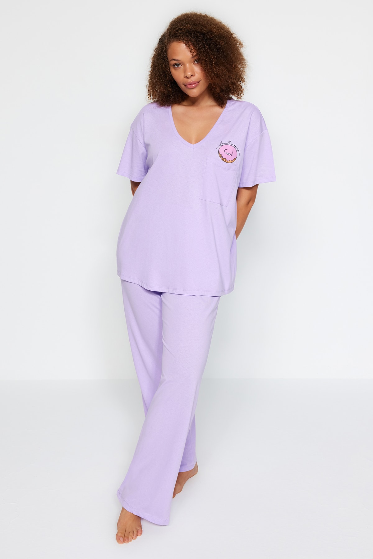 Levně Trendyol Curve Lilac Printed, Pocket Detailed, Knitted Pajamas Set