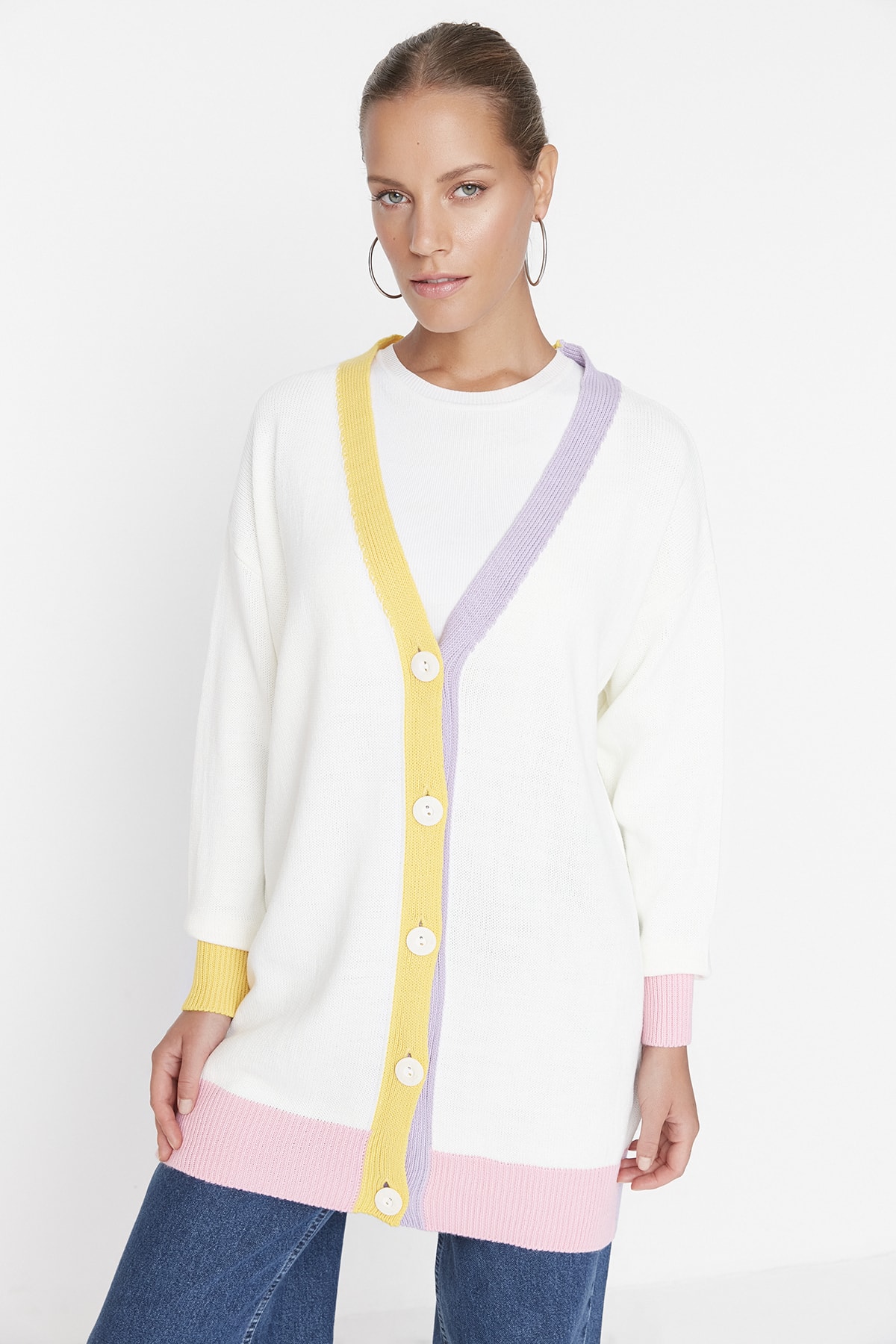 Trendyol Ecru Color Strip Detailed Knitwear Cardigan