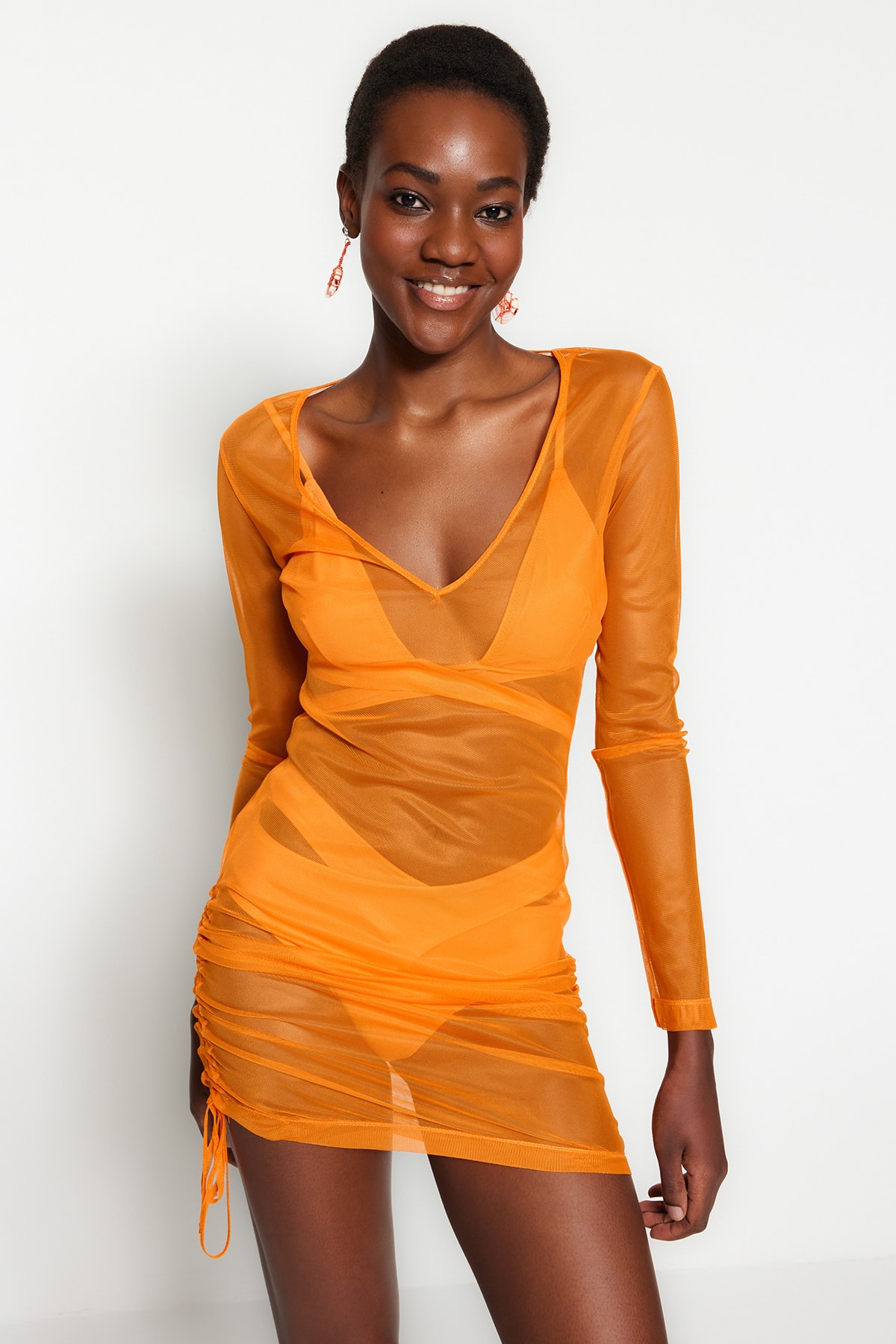 Trendyol Orange Fitted Mini Woven Gathered Mesh Beach Dress