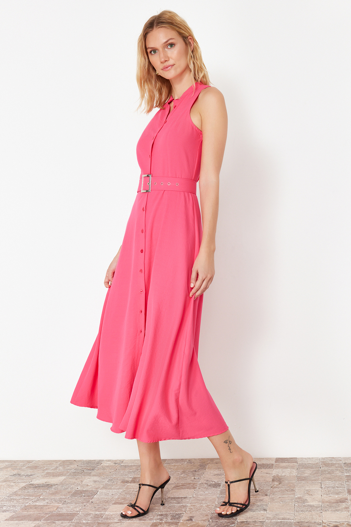 Trendyol Pink Belted Midi Woven Shirt Dress