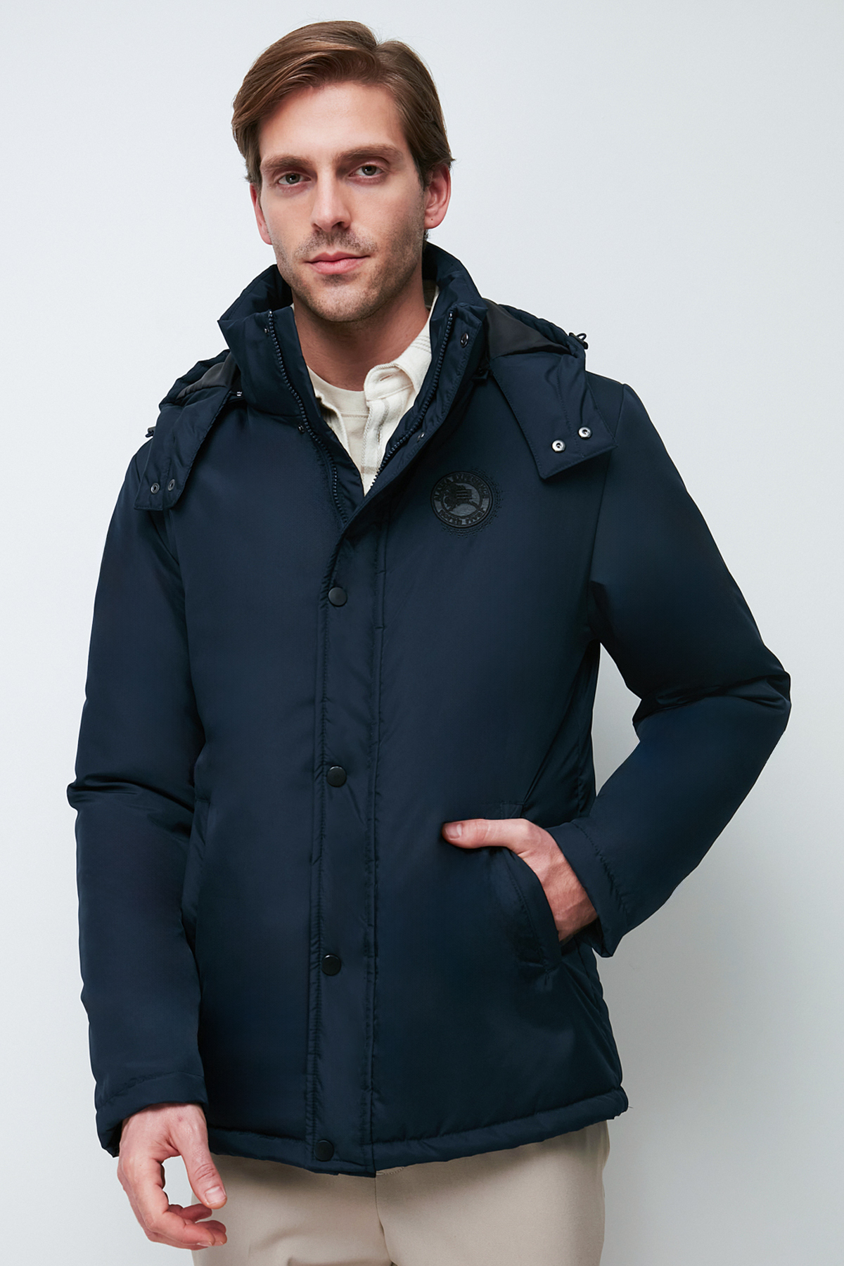 Levně River Club Men's Navy Blue Camouflage Hooded Water And Windproof Winter Coat & Parka