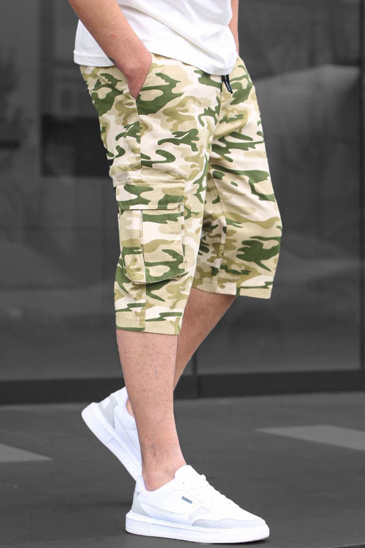 Levně Madmext Beige Camouflage Cargo Pocket Capri Men's Trousers 6331