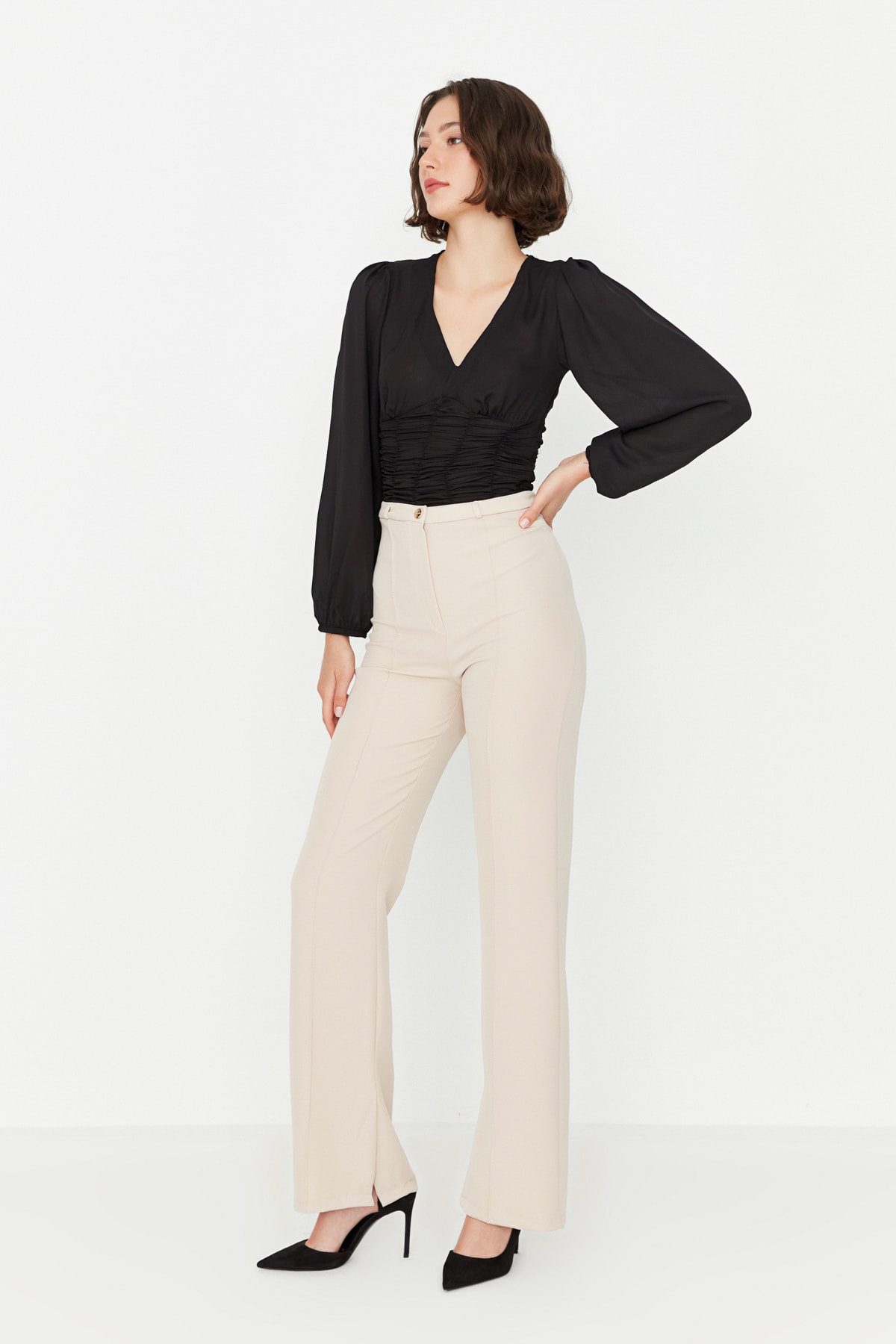 Trendyol Beige Weave High Waist Trousers