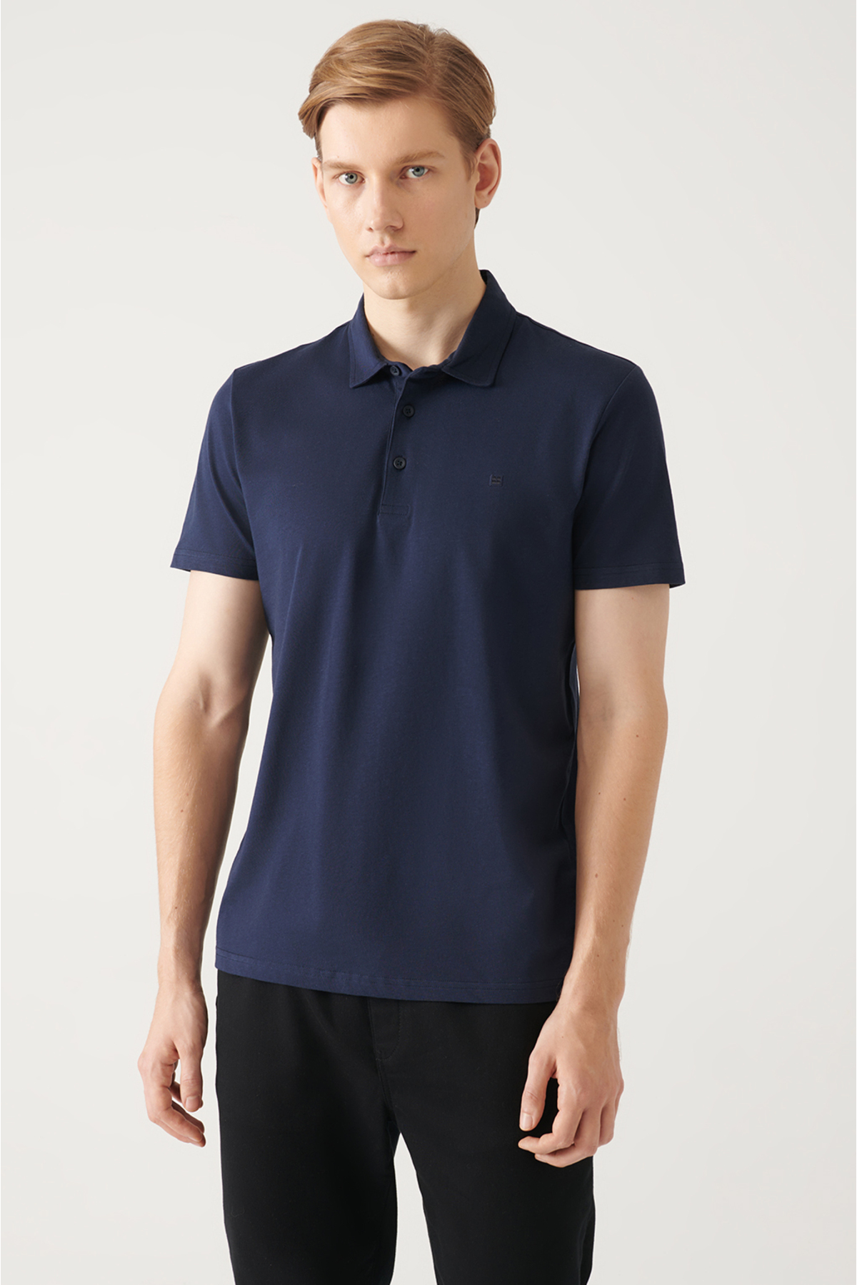 Avva Men's Navy Blue 100% Cotton Standard Fit Normal Cut 3 Buttons Anti-roll Polo T-shirt