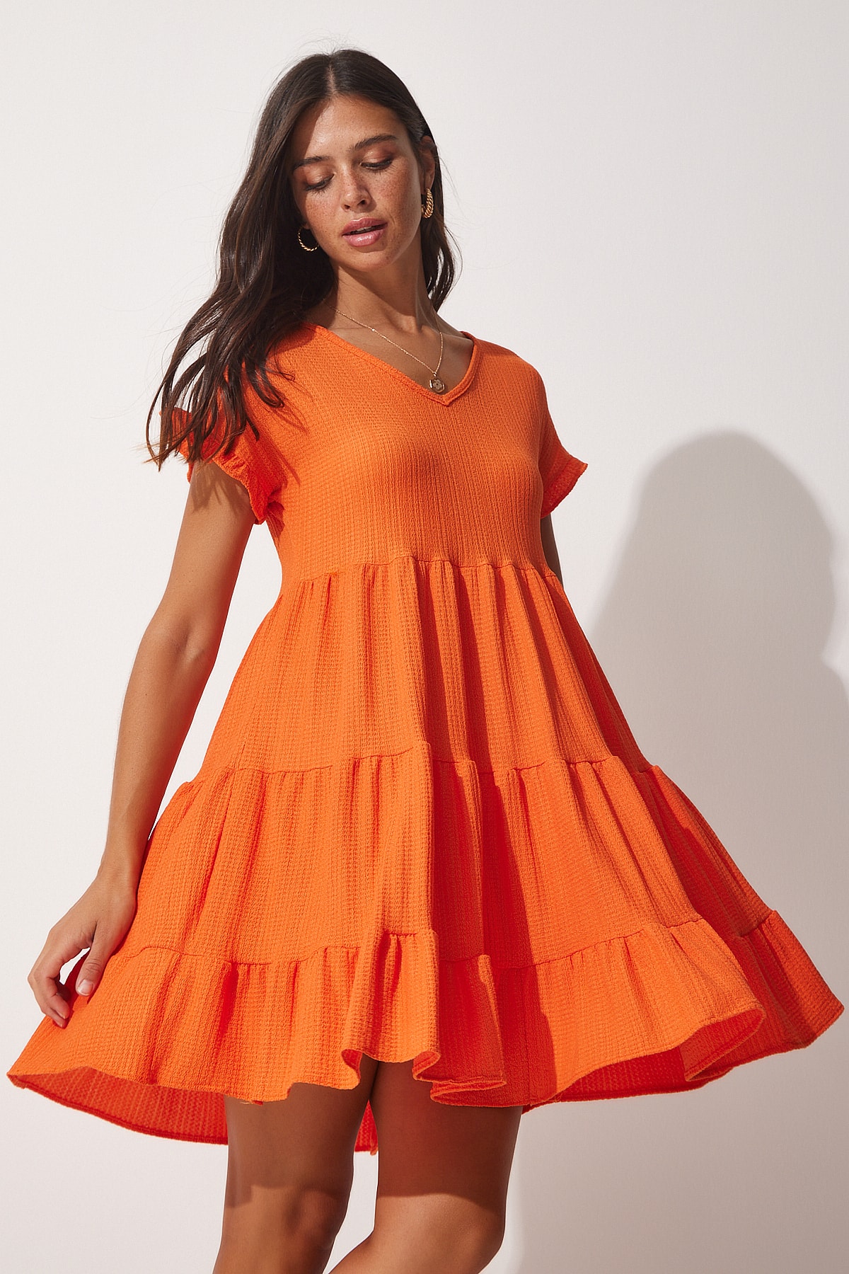 Fericire İstanbul femei portocaliu V-Neck volane Flare tricotat rochie de vară tricotat de vară